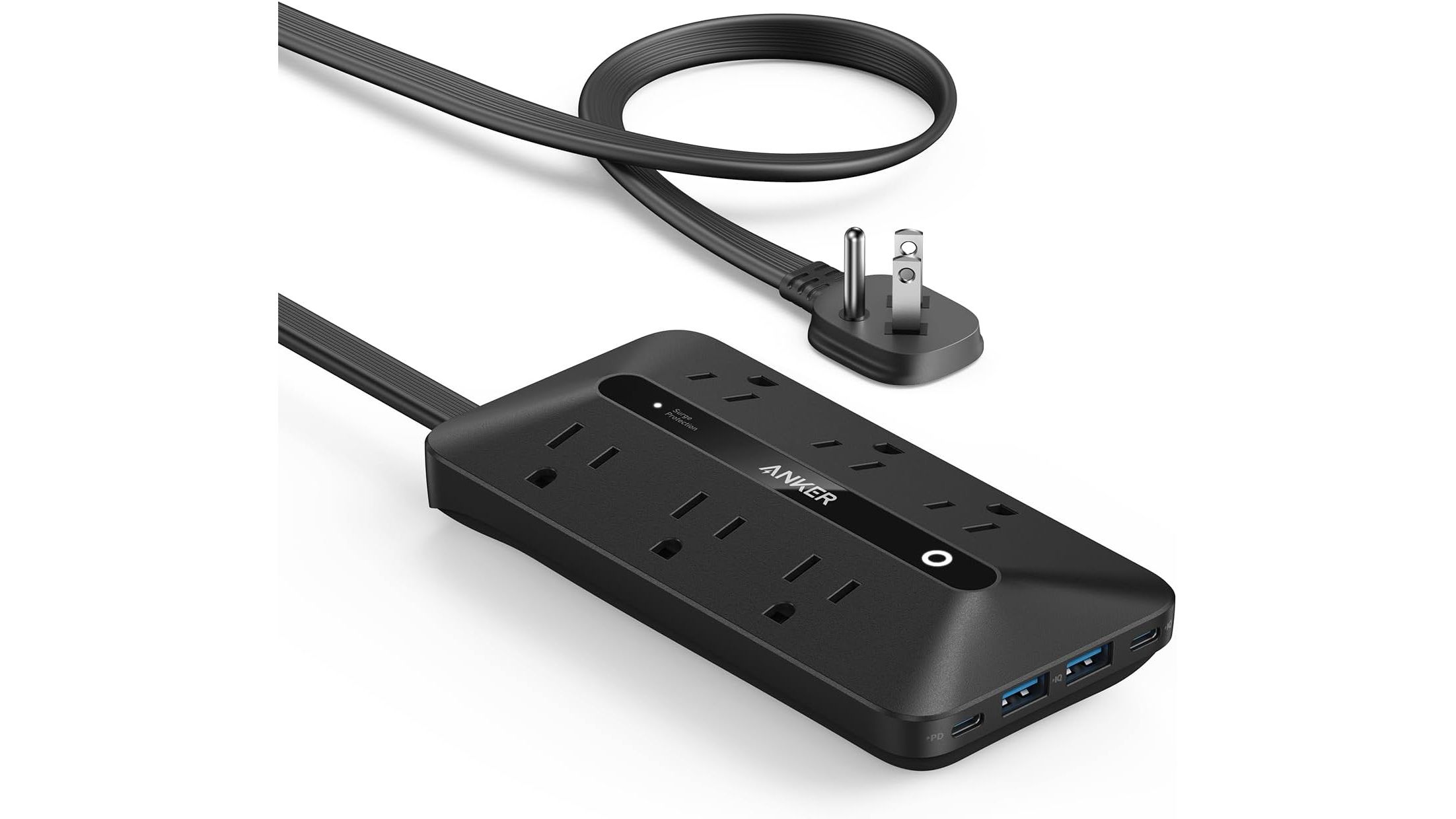 power strip, outlet space, Anker, 10-slot, USB-C, USB-A, AC outlets, safeties, over-current protection, over-voltage protection, power surges