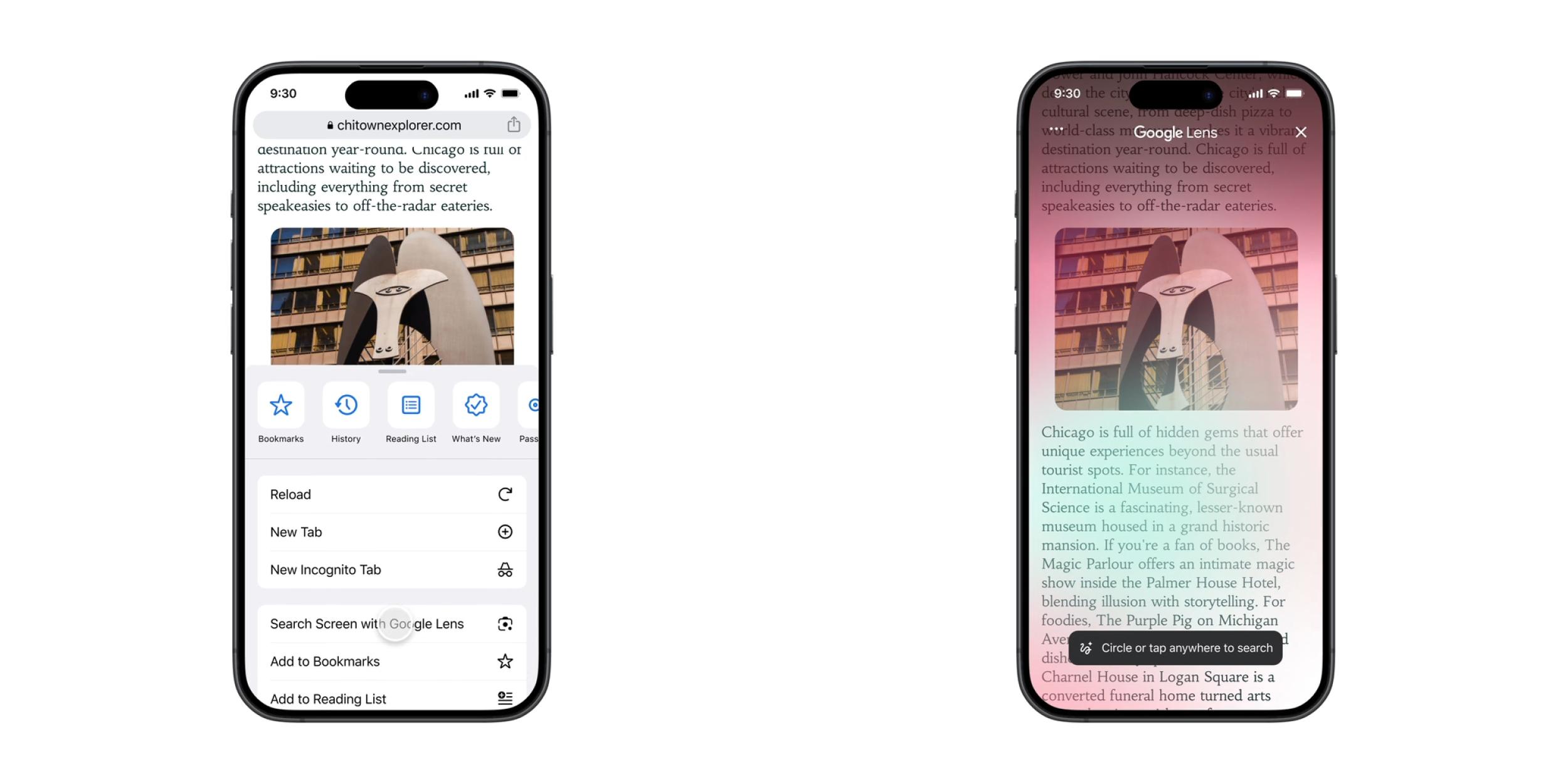 Google Lens, Chrome for iOS, Screen Search, Visual search, Circle to Search, AI Overviews, Web results, Image recognition, Advanced AI models