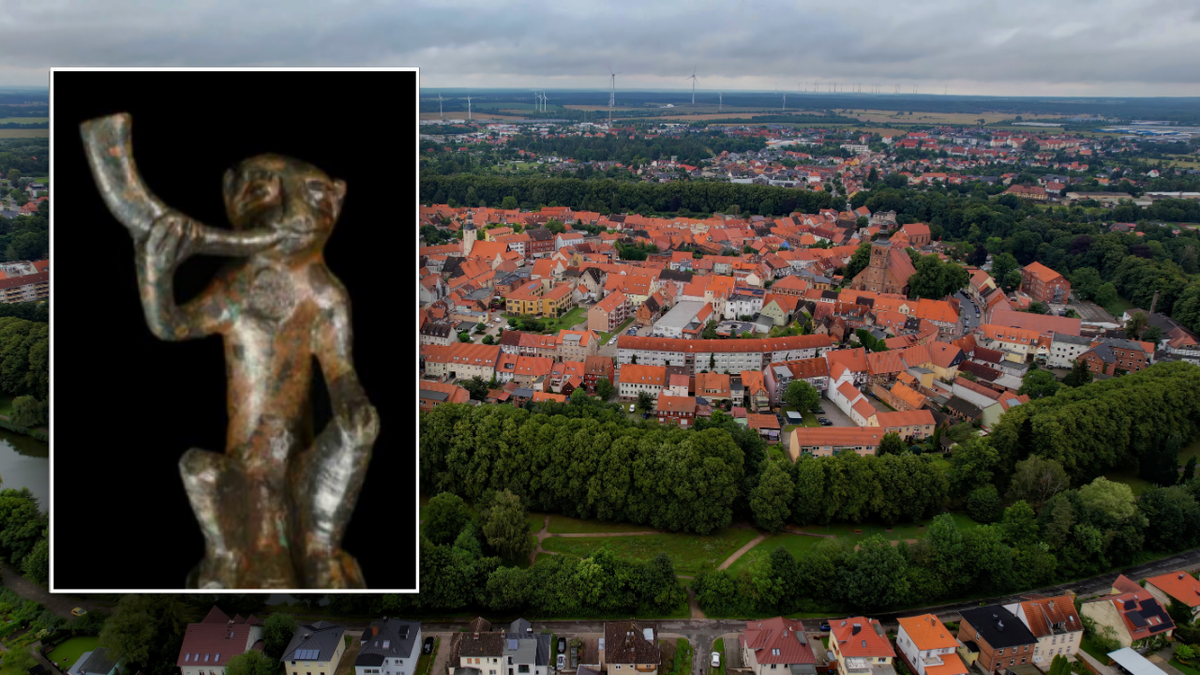 Archaeological excavation, Marienkirche, Gardelegen, Germany, medieval artifacts, coins, leaden bronze monkey sculpture, dice, animal bones, ceramics, metal fittings, book clasps, glass shards, iron nails, personal tweezers, plant remains