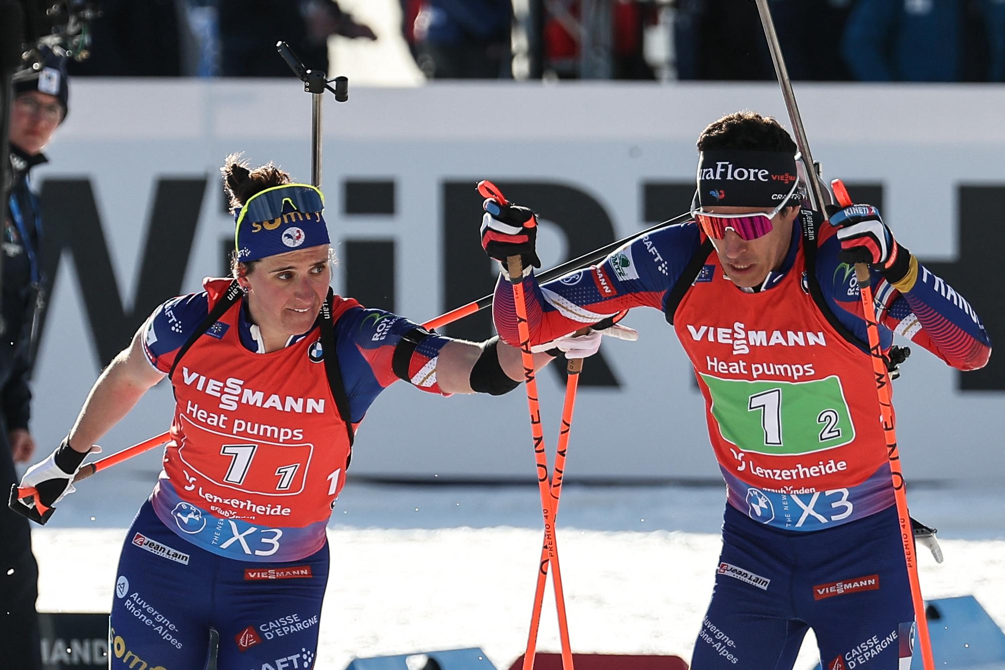 Biathlon, World Championships, Lenzerheide, Switzerland, French team, Julia Simon, Quentin Fillon Maillet, relay victory, winning streak, 5th title, 10th medal, possible record, resources, Fillon Maillet's 2nd title, Julia Simon's first title, female and male performance parity, Julia Simon's lead, Fillon Maillet's catching up, duel with Justus Strelow, Johannes Boe's silver medal, future women's and men's relays, gold prospects