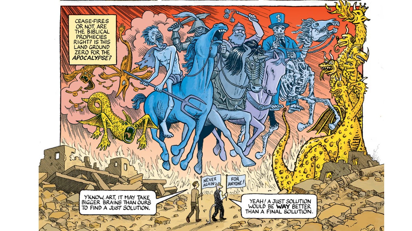 Art Spiegelman, Joe Sacco, Maus, Israel-Palestine conflict, Gaza ceasefire, War, Antisemitism, Human rights, Genocide, Palestinian statehood, Middle East