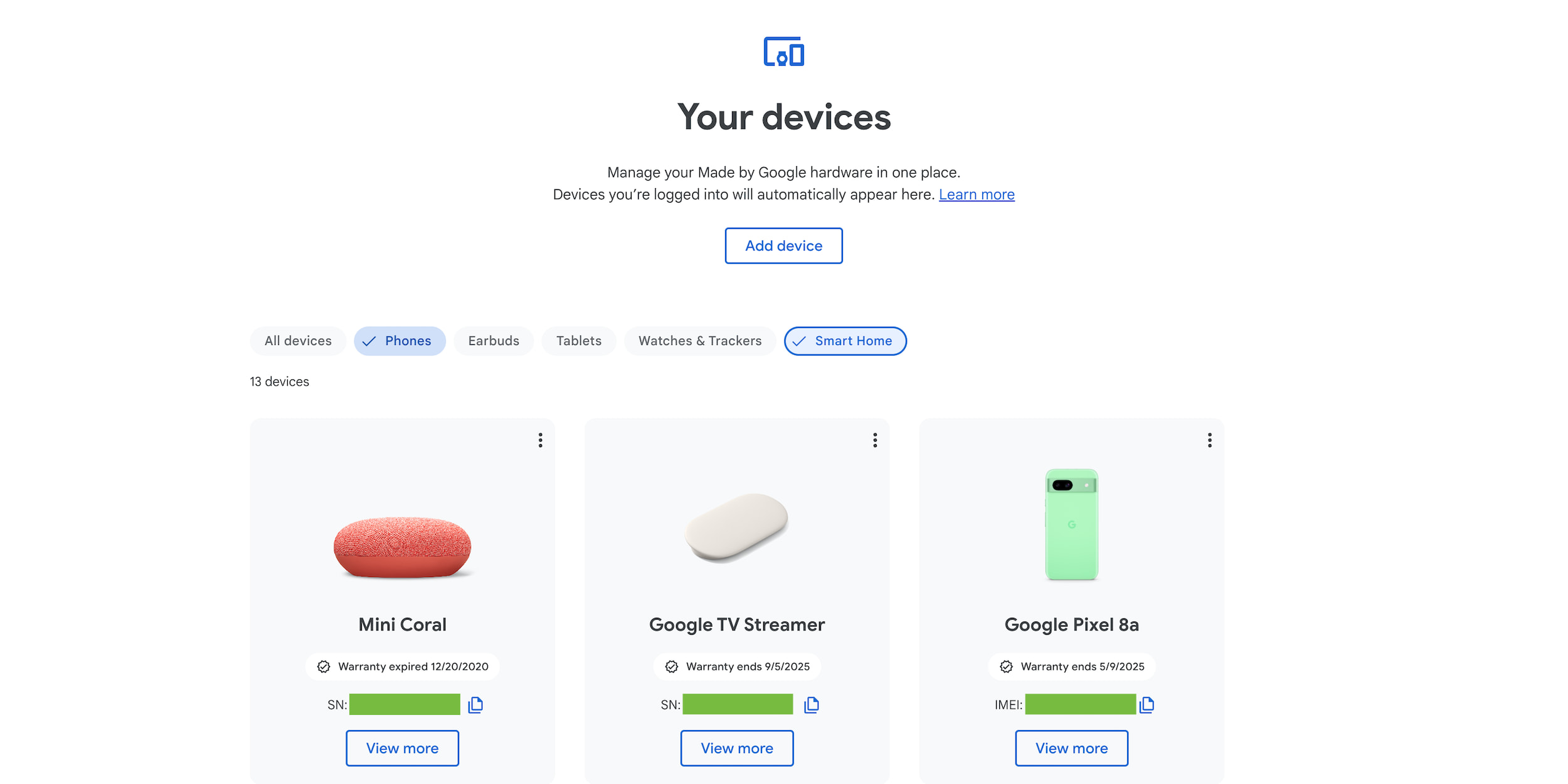 Google Store, Devices page, Pixel, Nest, Fitbit, Manage Google hardware, IMEI, serial number, warranty, device repair, contact support, Find My Device, Google account, Android Police, Android Authority
