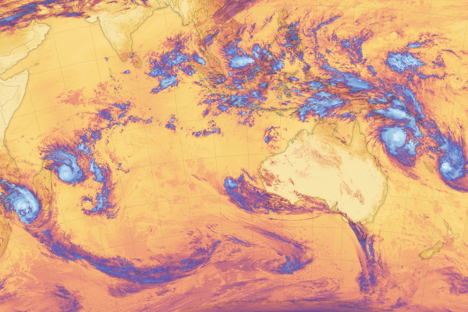 Tropical cyclones, Southern Hemisphere storms, NASA satellite imagery, NOAA-20, VIIRS sensor, Pacific Ocean storms, Indian Ocean storms, Alfred, Seru, Bianca, Garance, Honde, Madagascar, Australia, storm intensity, Saffir-Simpson scale, marine heatwave, sea surface temperatures, wind shear, NISAR mission
