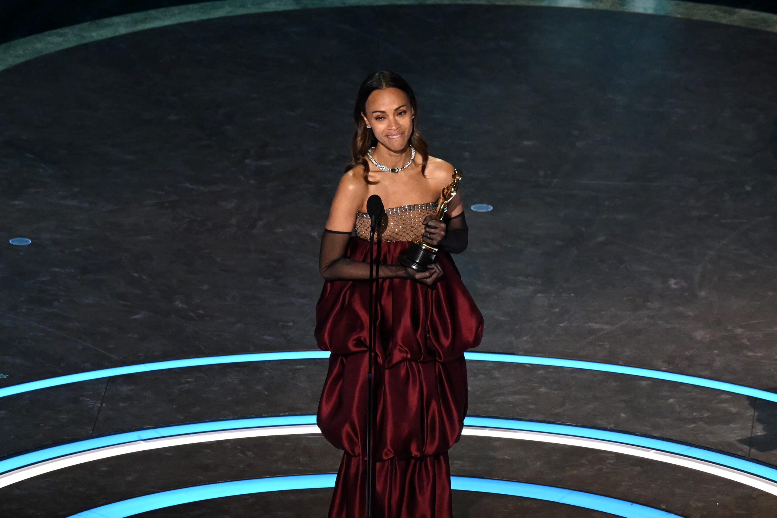 Zoe Saldaña, Oscar, Emilia Pérez, Rita, Academy Awards, Best Supporting Actress, 2025 Oscars, Marco Perego, Cy Perego Saldana, Bowie Perego Saldana, Zen Perego Saldana, Jacques Audiard, Ariana Grande, Monica Barbaro, Felicity Jones, Isabella Rossellini, Karla Sofía Gascón, Dominican, immigrant, acceptance speech, awards season, Golden Globe, Screen Actors Guild award
