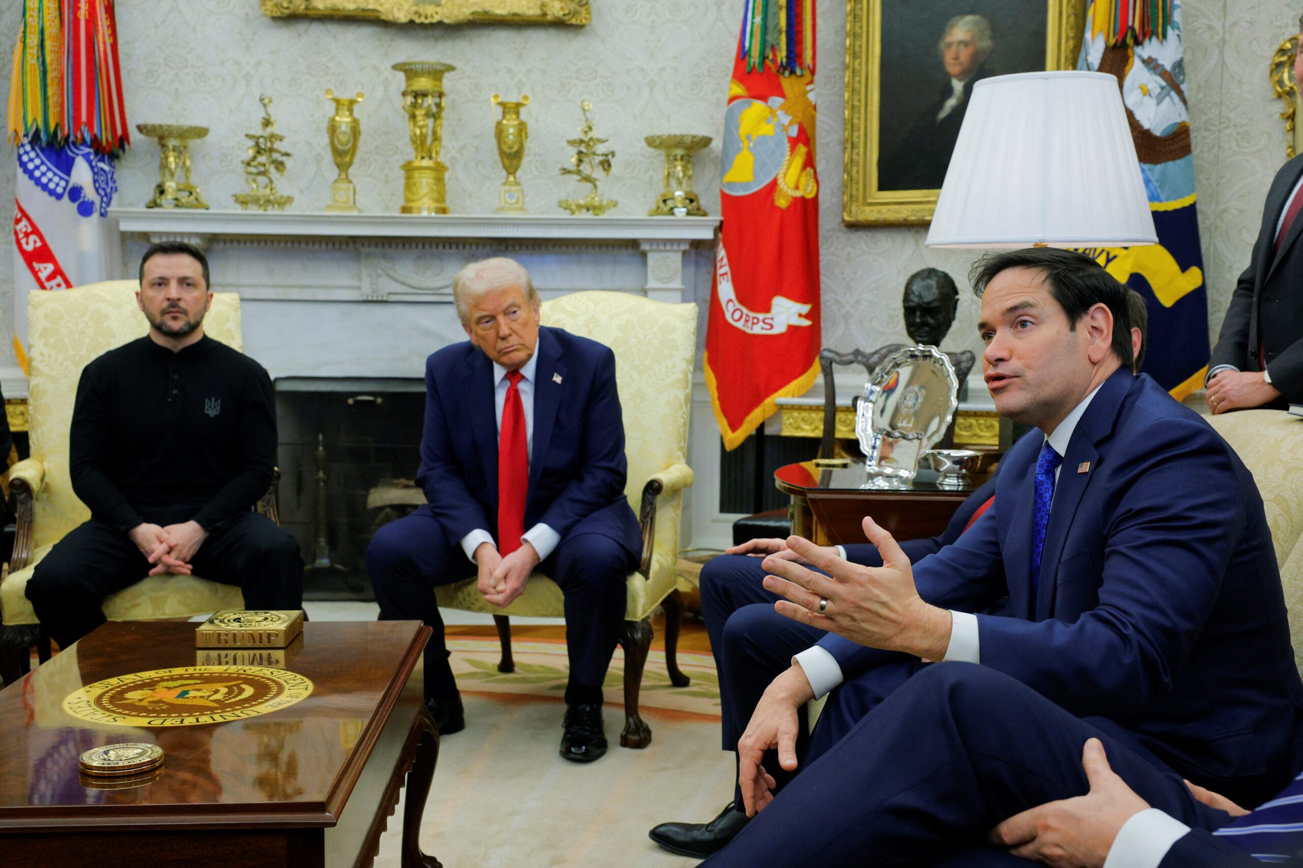 Marco Rubio, Volodymyr Zelenskyy, Donald Trump, JD Vance, Oval Office, Saturday Night Live, SNL, reaction, meeting, Ukraine, United States, politics, international relations, Brian Glenn, Real America's Voice, C-SPAN, Marcello Hernández, James Austin Johnson, Kaitlan Collins, CNN, apology, economic partnership, Europe, solidarity
