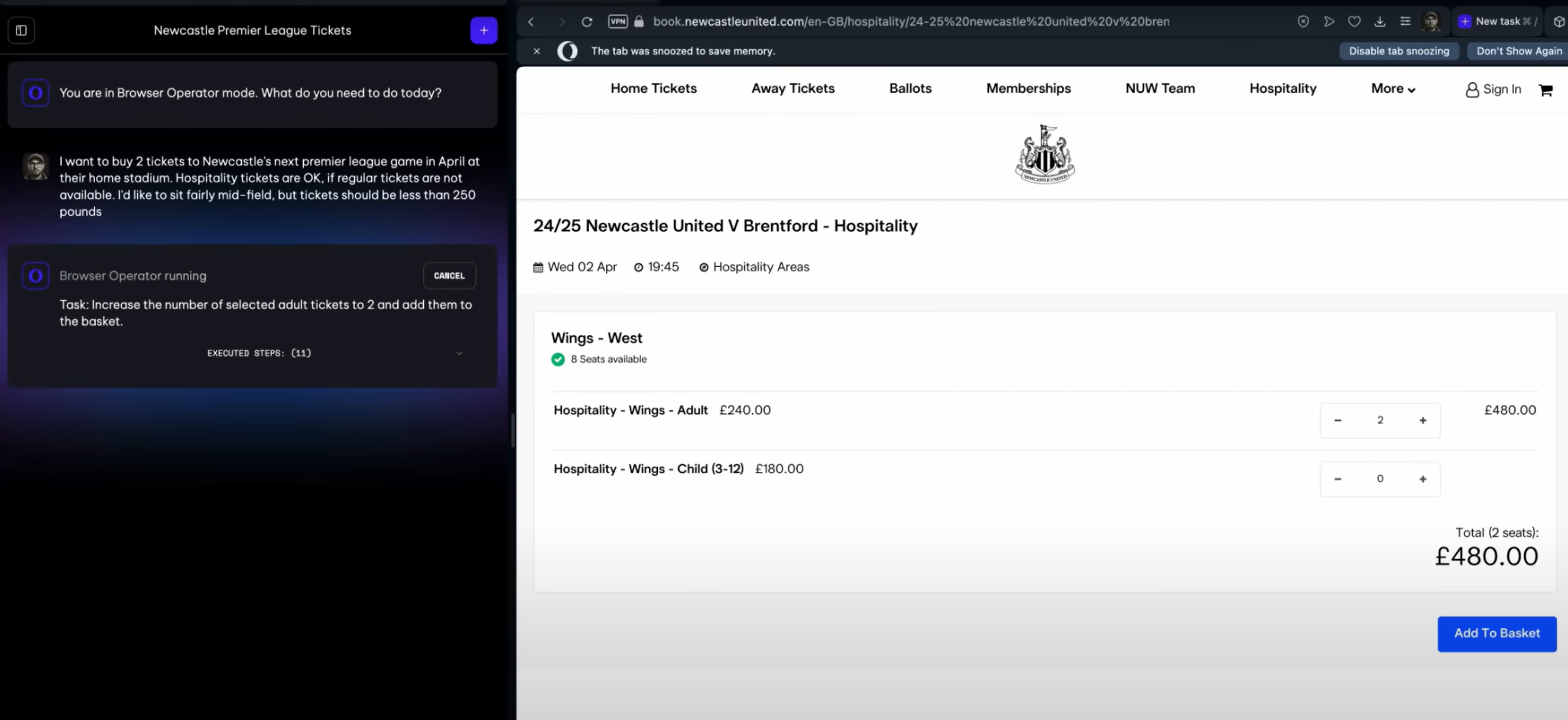 Opera, Browser Operator, AI, agentic browsing, shopping, online shopping, browser, artificial intelligence, technology, demo, PCWorld, Mark Hachman, browsing assistant, AI browser, Newcastle United, travel, tickets, flights, hotels
