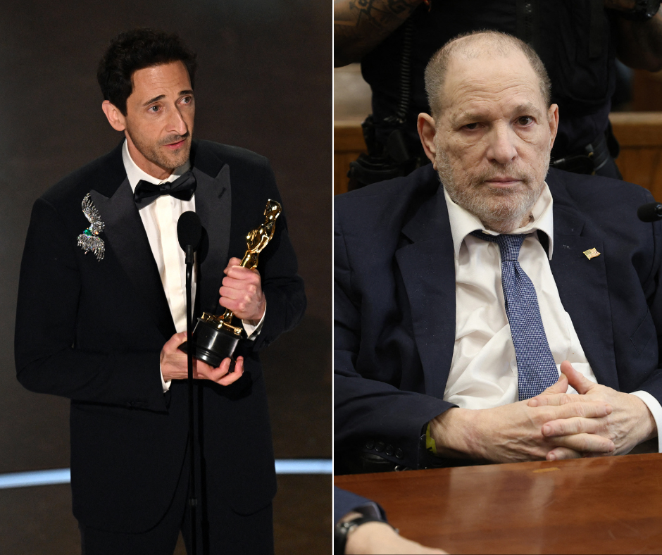 Harvey Weinstein, Adrien Brody, Georgina Chapman, Oscars, Academy Awards, acceptance speech, The Brutalist, India Weinstein, Dashiell Weinstein, Halle Berry, Marchesa, sexual abuse allegations, rape conviction, celebrity divorce, Hollywood, celebrity relationships, red carpet, celebrity news
