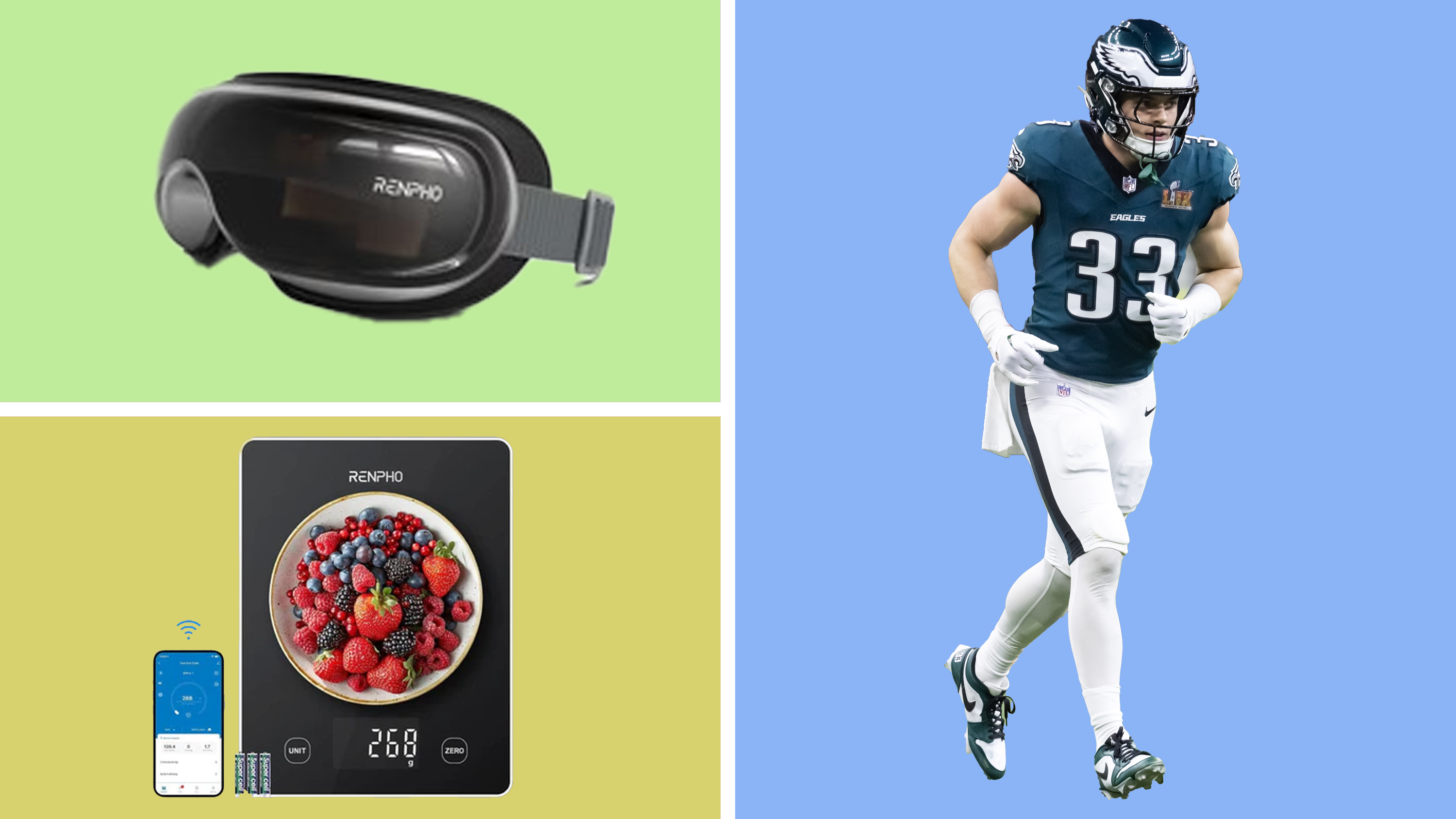 Cooper DeJean, Renpho, Philadelphia Eagles, Kansas City Chiefs, Patrick Mahomes, Super Bowl LIX, eye massager, mini massage gun, self-care, fitness recovery, wellness, health, recovery, Stanley IceFlow, Cariuma x Peanuts, ShaCarri Richardson, Nike So Win, shopping, deals, sale
