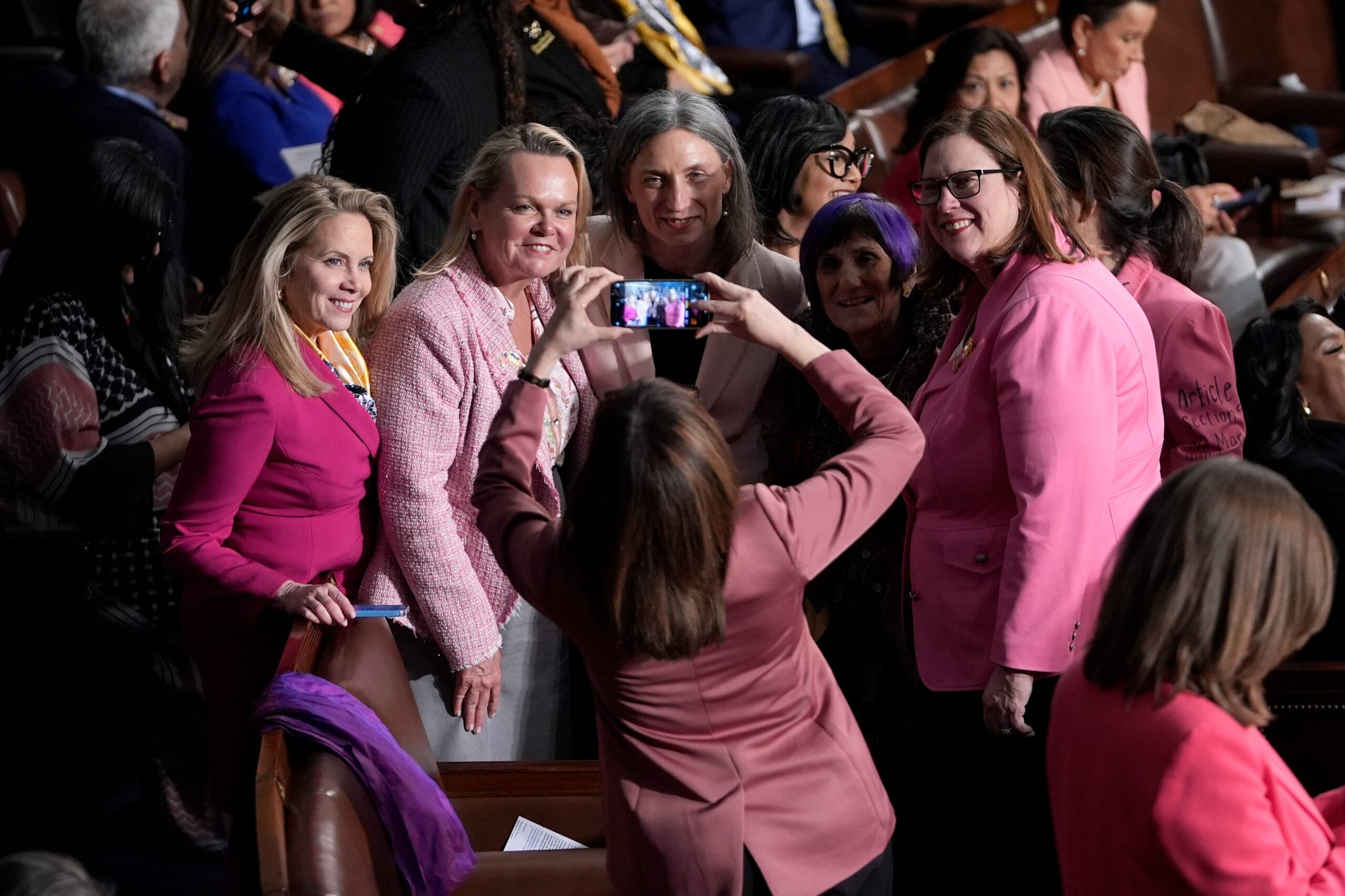 Democratic women, pink protest, Donald Trump, Joint Session of Congress, Jill Tokuda, Constitution suit, Judy Chu, women's rights, Trump policies, grocery prices, healthcare, safety, Ukraine, Volodymyr Zelenskyy, stock market, tariffs, second term, Joey Garrison, USA TODAY
