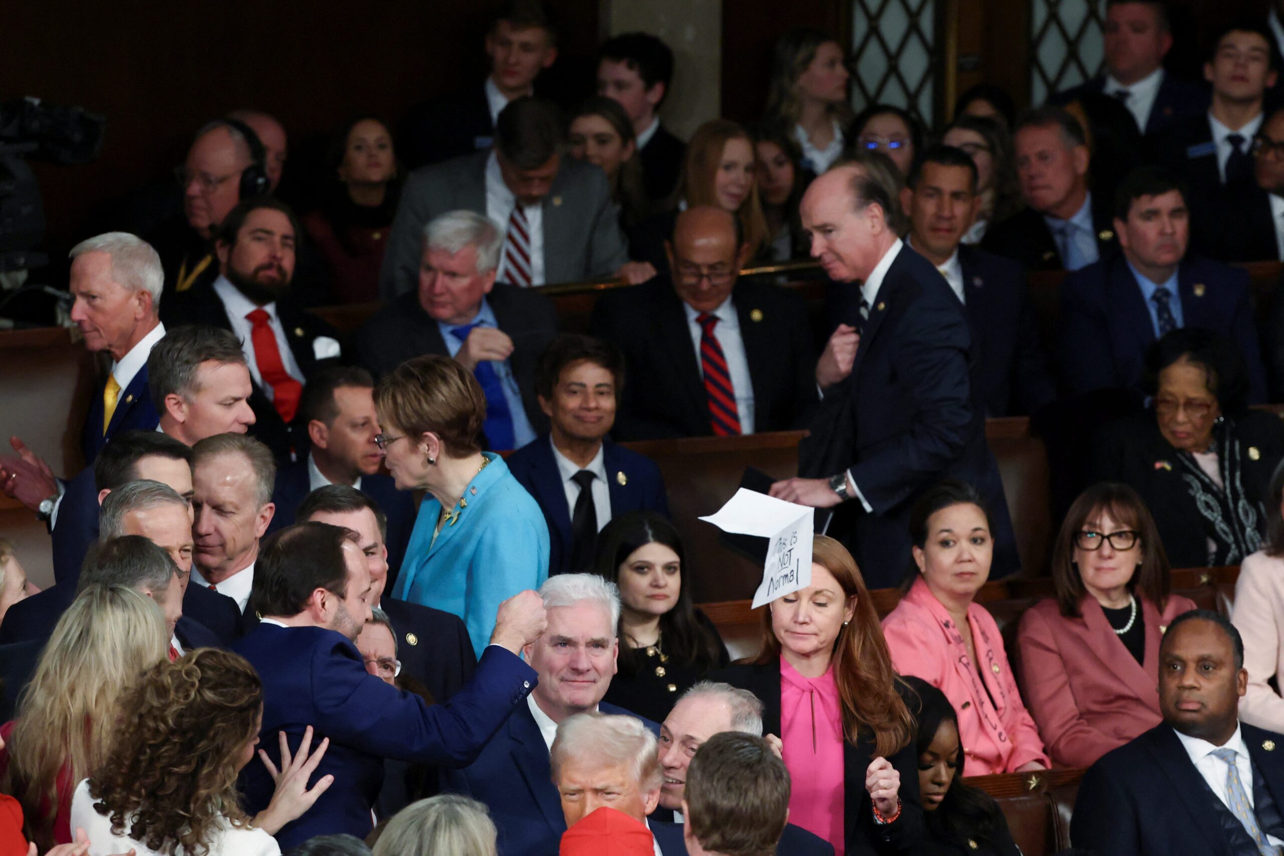 Donald Trump, Congress, Melanie Stansbury, Lance Gooden, protest, address, U.S. Capitol, sign, 