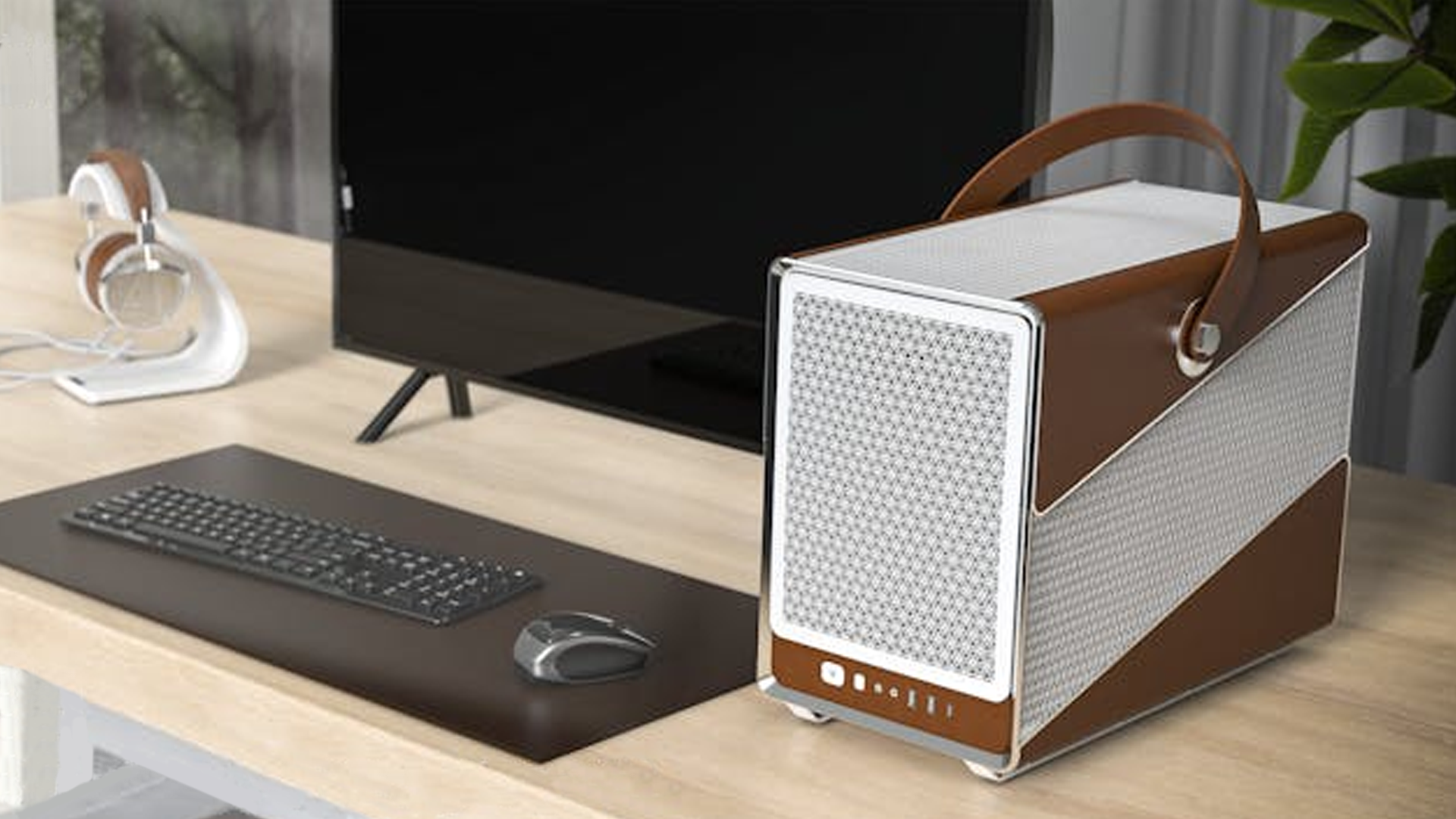 Montech HS01 Mini, SFF case, small form factor case, leather PC case, Computex 2024, PC case, computer case, micro-ATX, PC hardware, PC building, Alaina Yee, PCWorld, tech journalism, new PC case, unconventional PC case, budget PC case

