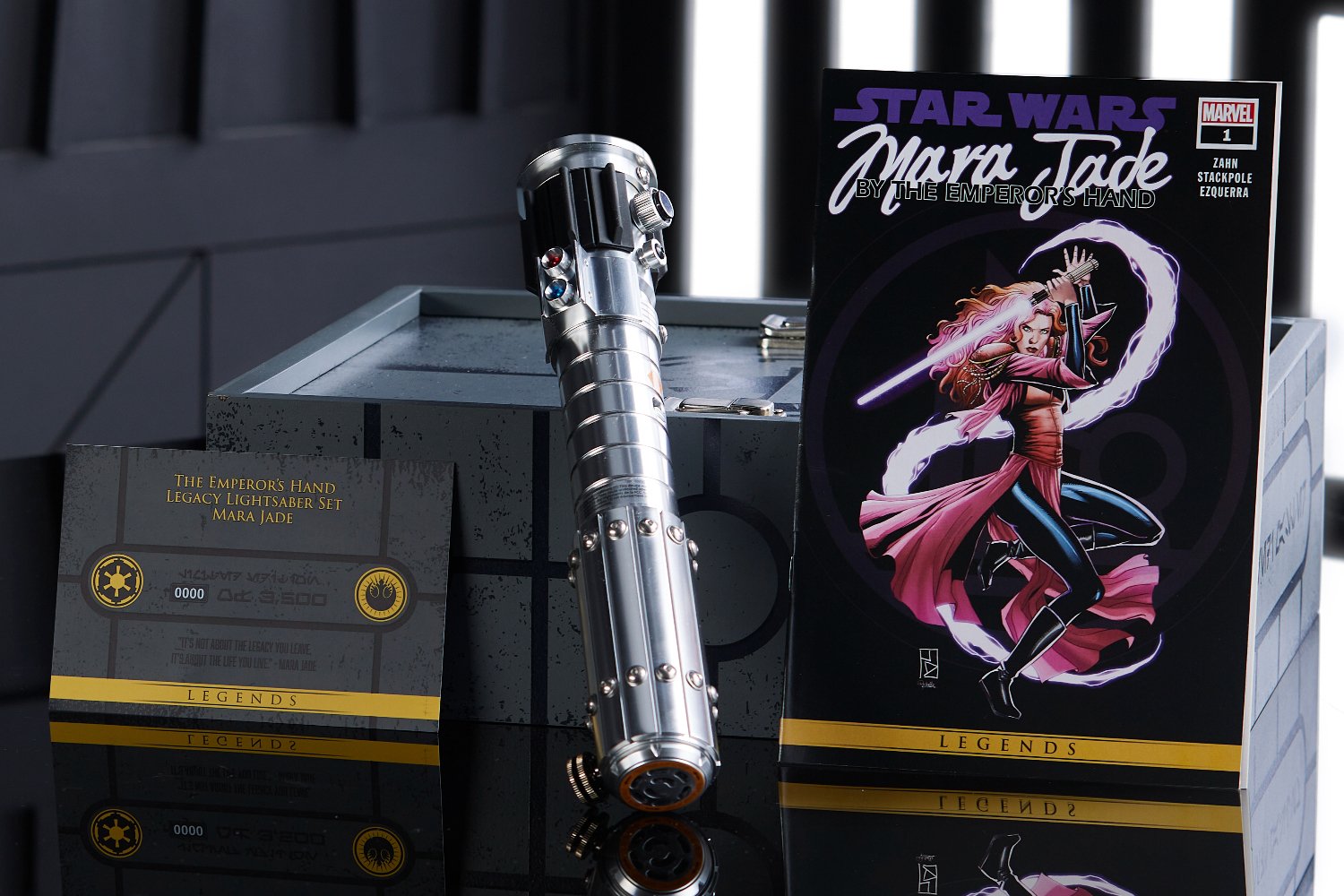 Mara Jade, Legacy Lightsaber, Star Wars, Expanded Universe, Disney, Galaxy's Edge, Dok-Ondar's Emporium, Collectible, Lightsaber Hilt, Emperor's Hand, New Jedi Order, Comic Miniseries, Timothy Zahn, Merchandise, ShopDisney, Disneyland, Disney World, Batuu, Star Wars Continuity, Theme Park, Limited Edition
