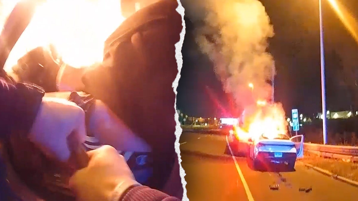 New Jersey police officer, hero, fiery wreck, Noah Allat, rescue, unconscious driver, Bridgewater, Route 22, car accident, tanker truck, Zachary J. Roslin, Peter J. Della-Ventura, bodycam footage, police report, non-life-threatening injuries, fire, flames.
