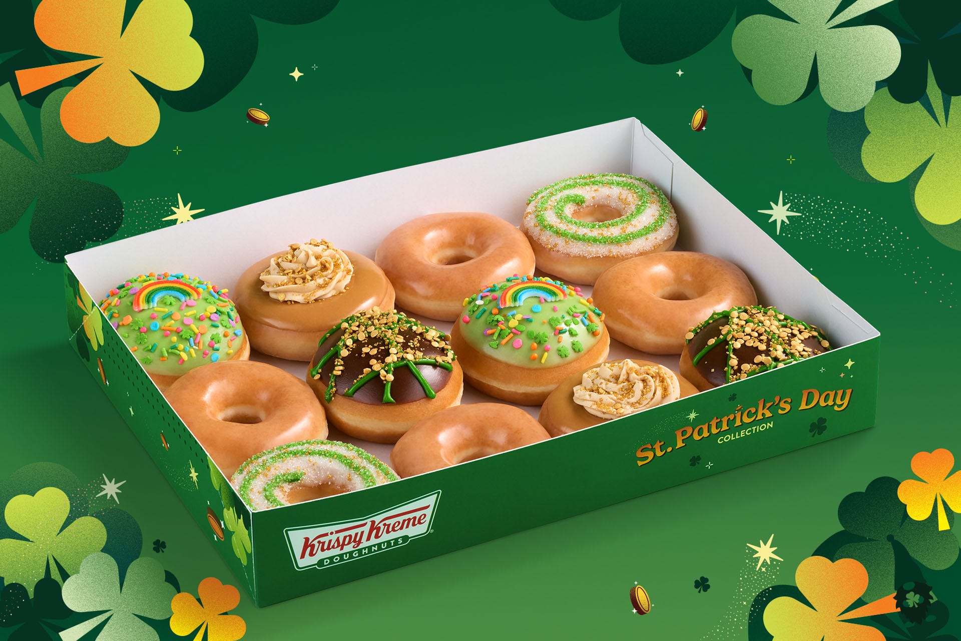 Krispy Kreme, St. Patricks Day, doughnuts, Original Glazed, Pot of Gold Pass, free doughnuts, promotion, March 17, green doughnuts, limited edition, festive flavors, Dave Skena
