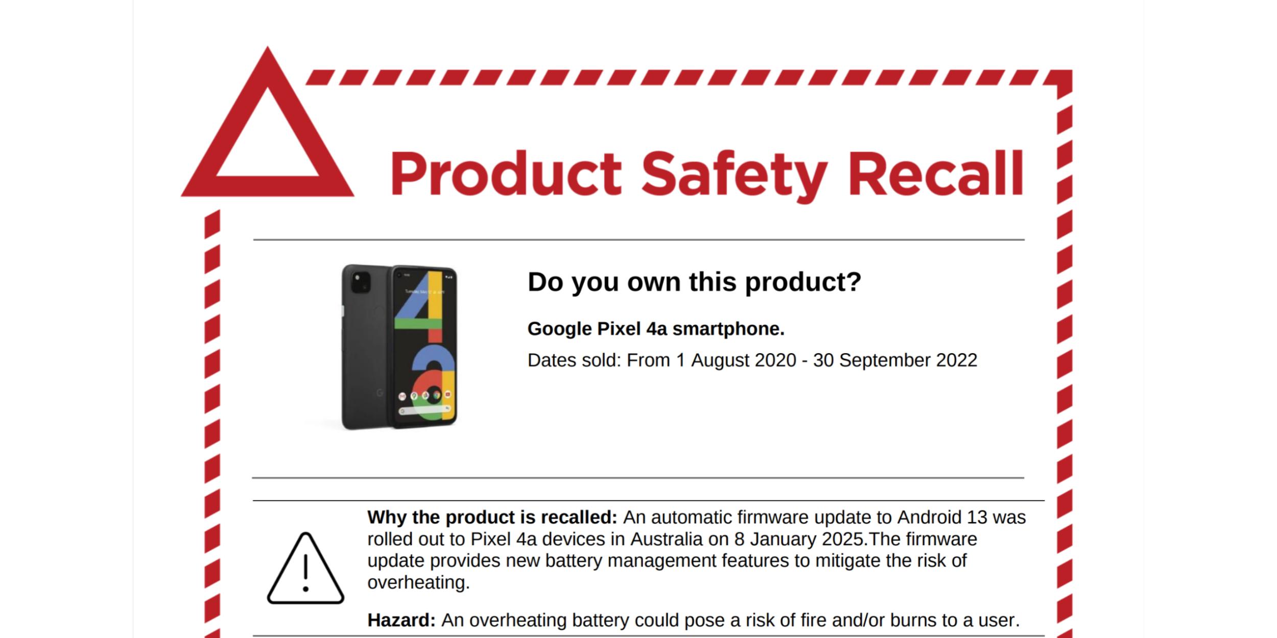 Pixel 4a, battery, overheating, recall, Google, update, firmware, safety, fire risk, burn risk, G025N, discount, Google Store, battery performance, stability, charging, Australia, ACCC, Product Safety Recall, Fitbit Sense, Versa 3, 2020
