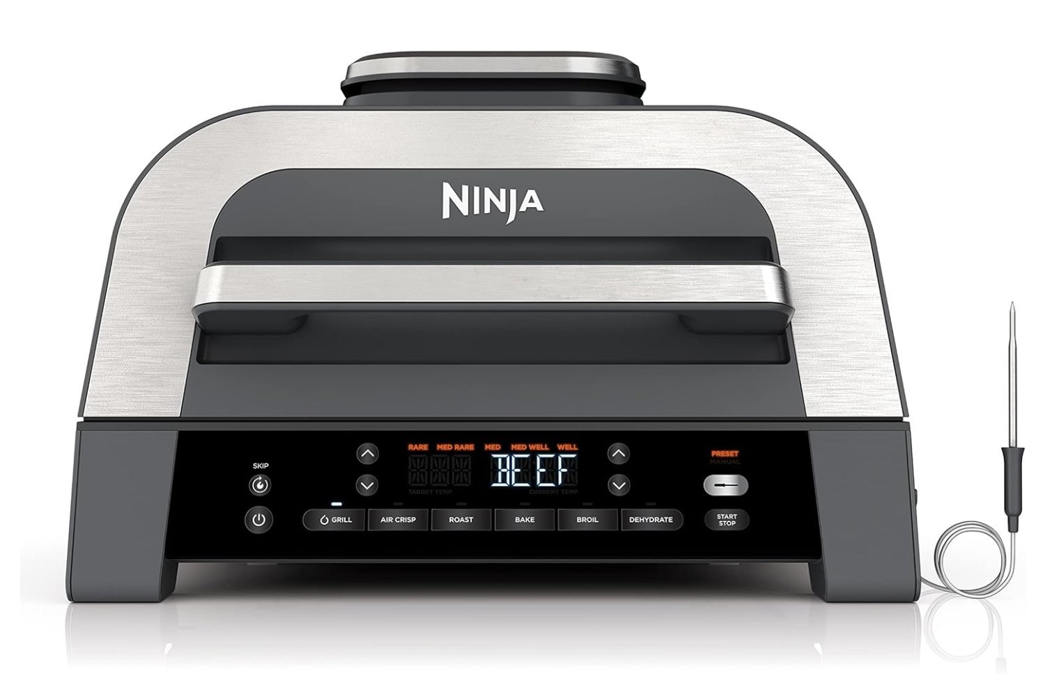 Ninja Foodi Smart XL, indoor grill, electric grill, air fryer, kitchen appliances, grilling, roasting, baking, dehydrating, broiling, smart grill, temperature control, smart cooking, meat thermometer, XL cooking surface, dishwasher safe, smoke control system, kitchen tech, Amazon deal, sale, discount

