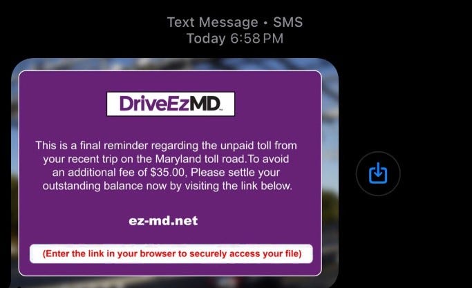 text message scam, toll scam, E-ZPass scam, FastTrak scam, smishing, phishing, unpaid toll, fake toll, toll road collection, McAfee, FBI, FTC, scam warning, online safety, cybersecurity, digital security, mobile security, fraud prevention, internet scam
