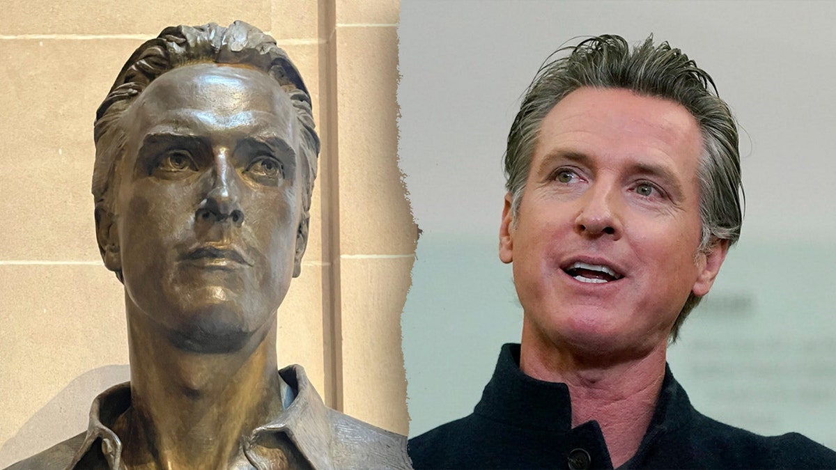 Gavin Newsom, California Governor, bronze bust, San Francisco City Hall, behested payments, Susan Crabtree, Jedd McFatter, Fools Gold, political controversy, mayoral bust, Newsom presidential aspirations, Democratic Party, private funding, Willie Brown, Dianne Feinstein, George Moscone, Newsom response, political criticism

