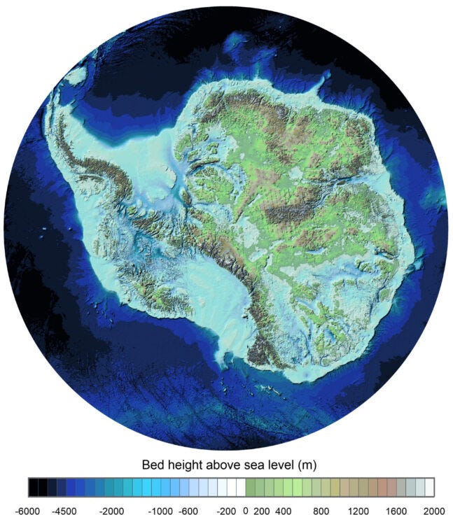 Antarctica, Bedmap3, ice sheet, melting, climate change, sea level rise, glacial ice, British Antarctic Survey, map, mountains, canyons, global warming, ice shelves
