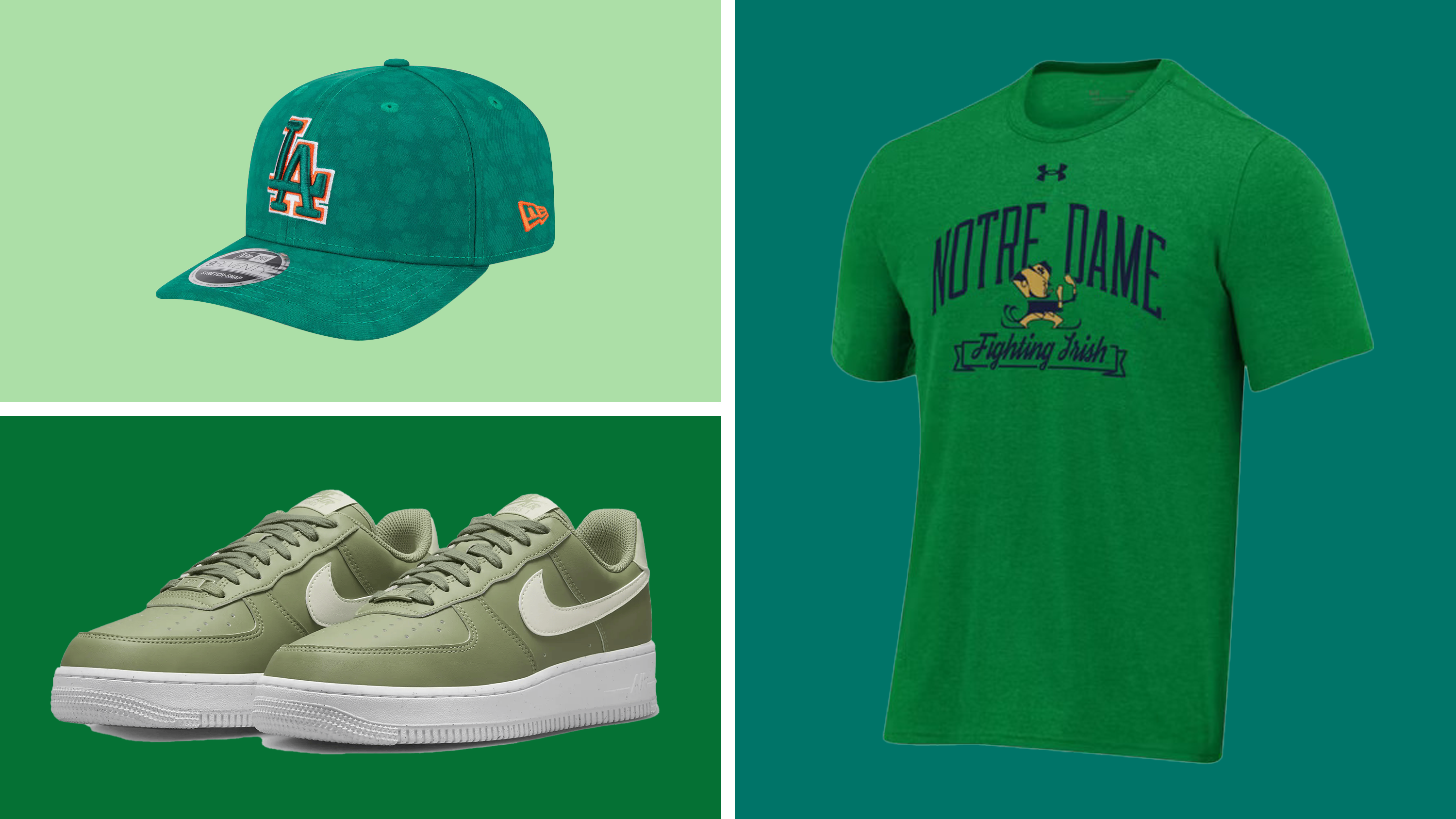 St. Patrick's Day, green sports apparel, Notre Dame Fighting Irish, fan gear, green hats, green shirts, green hoodies, kids' St. Patrick's Day outfits, green shoes, Nike sneakers, MLB, New Era, overlap logo hats, sports fashion, gift ideas, what to wear on St. Patrick's Day
