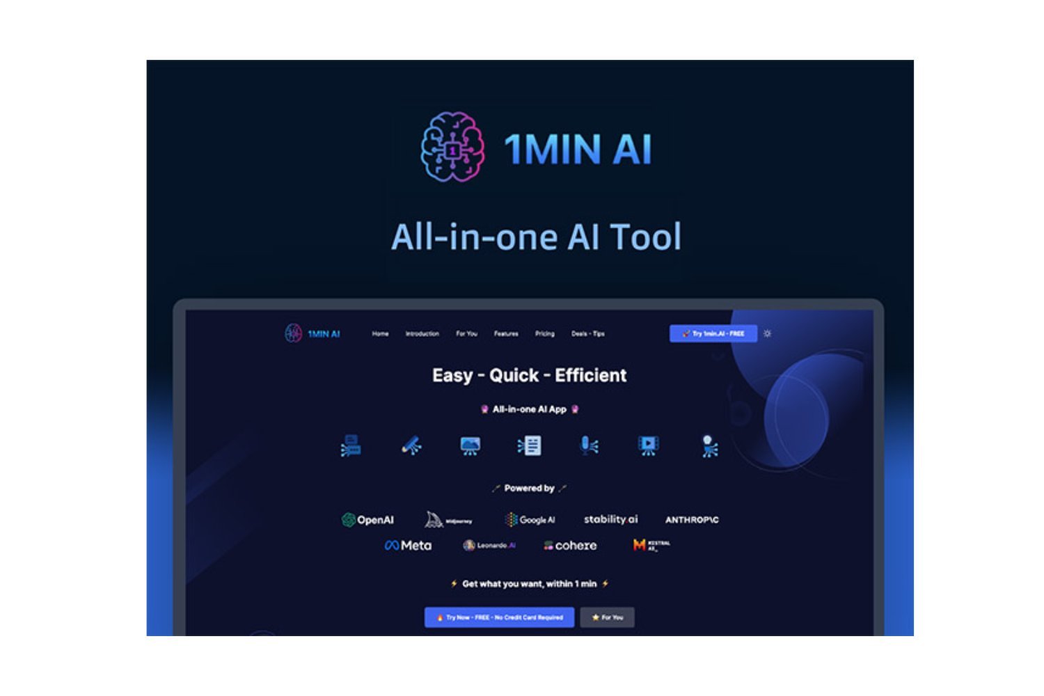 AI tools, all-in-one AI platform, AI lifetime subscription, 1min.AI, OpenAI, Anthropic, Google AI, Meta AI, GPT-4o, Claude 3 Opus, Gemini Pro 1.5, Llama 3, AI writing tools, AI image processing, PDF analysis, audio editing, video editing, AI content creation, AI image generation, AI document summarization, AI translation, AI speech recognition, text-to-speech, lifetime deal, discount, StackSocial
