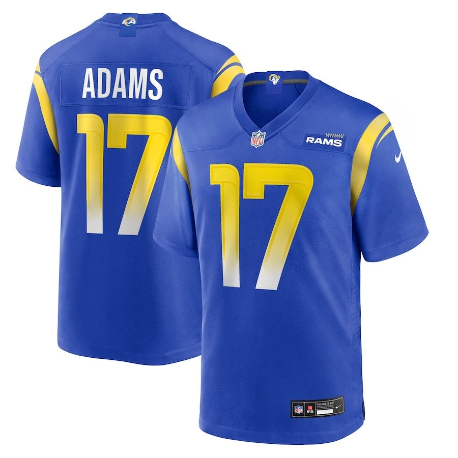 Los Angeles Rams, Davante Adams, Rams gear, Matthew Stafford, Puka Nacua, NFL, football, jersey, apparel, All-Pro, wide receiver, Rams offense, shop, merchandise, fan gear, 2025, Los Angeles
