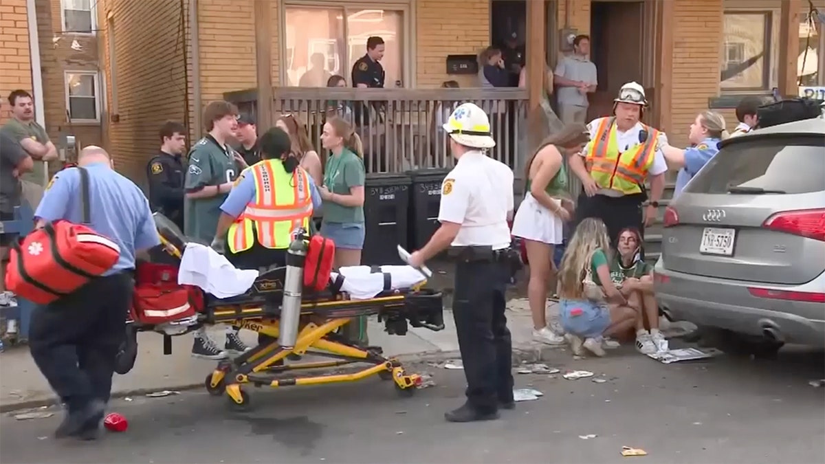 St. Patrick's Day, porch collapse, Pittsburgh, University of Pittsburgh, Semple Street, Central Oakland, injuries, roof collapse, EMS, firefighters, police, hospital, concussions, leg fracture, Department of Permits, Licenses, and Inspections, X, student injuries
