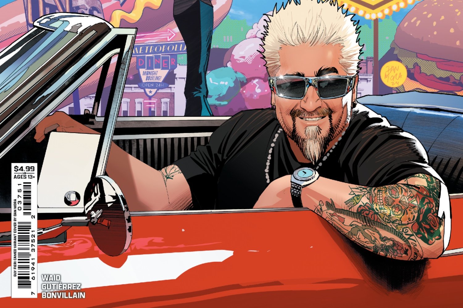 Batman, Superman, Guy Fieri, World's Finest #37, DC Comics, comic book, celebrity cameo, Dan Mora, variant cover, Diners Drive-Ins and Dives, Flavortown, Nicolas Cage, William Shatner, Paul McCartney, charity, restaurant workers, Los Angeles fires, pre-order
