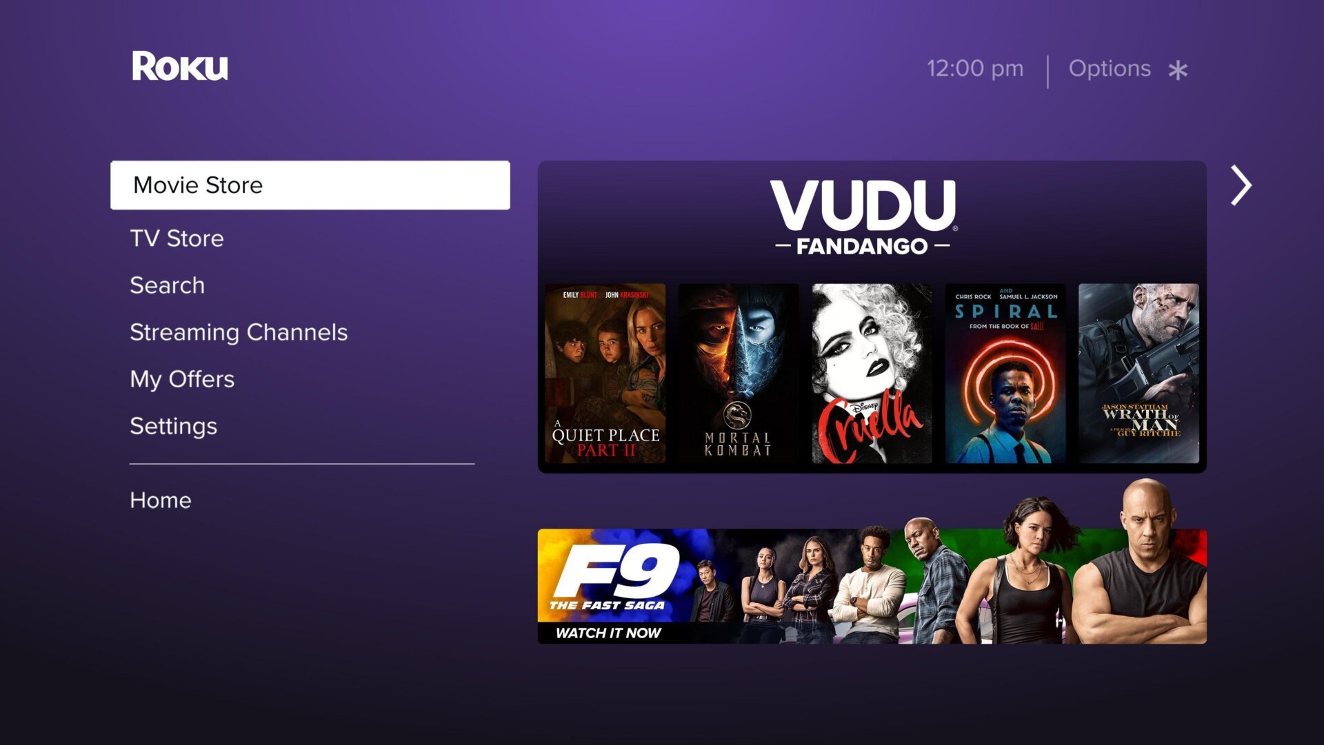 Fandango, Vudu, FandangoNOW, Roku, streaming, movie store, TV store, digital entertainment, premium video on-demand, PVOD, movie rentals, TV show purchases, streaming platform, content library, Roku Pay, movie releases, TV show releases
