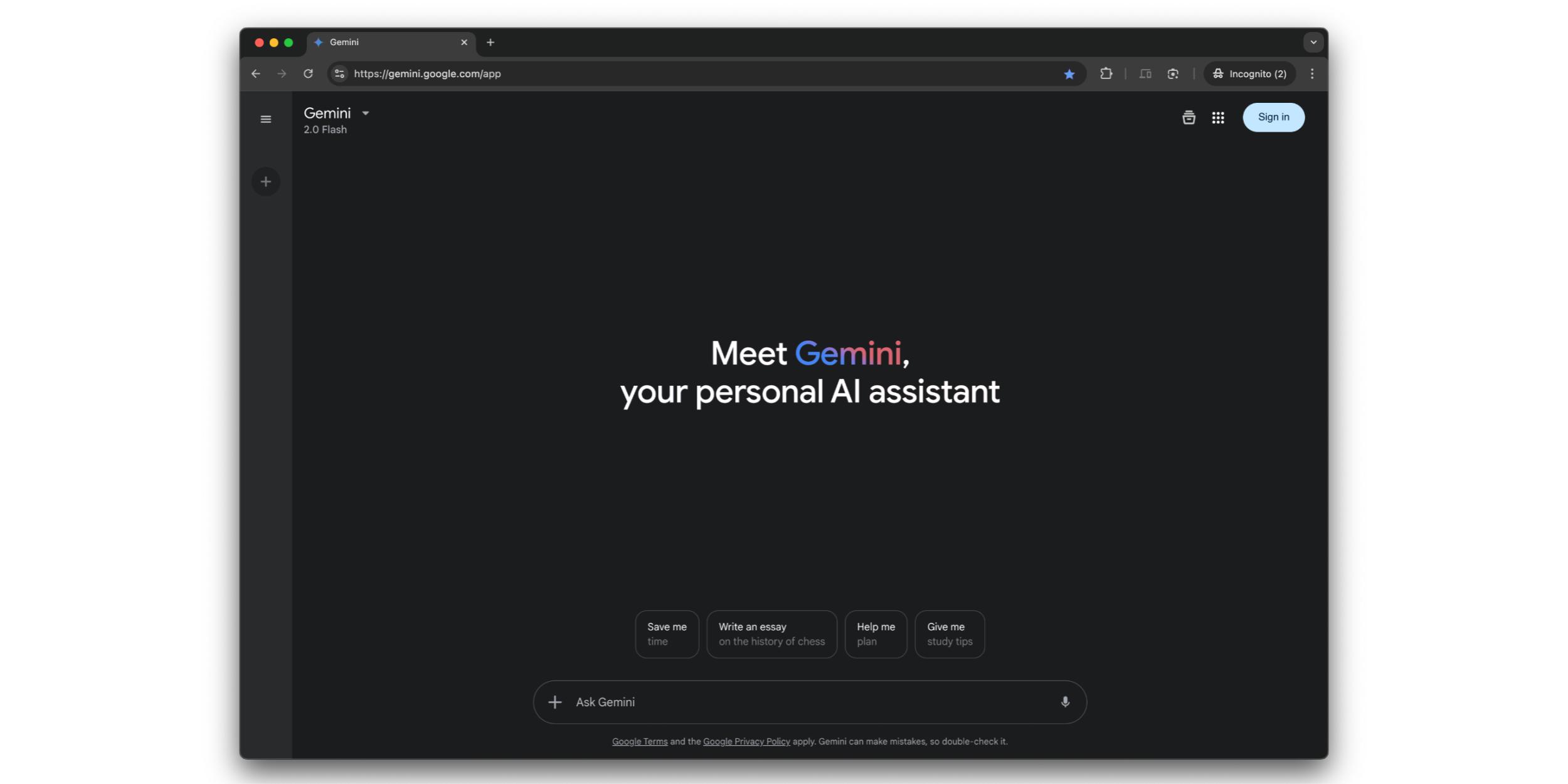 Gemini, Google AI, AI assistant, Incognito Mode, Gemini app, Gemini 2.0 Flash, AI chat, AI model, Google Account, privacy, Google Search, AI features, chatbot, anonymous AI use, no sign-in AI
