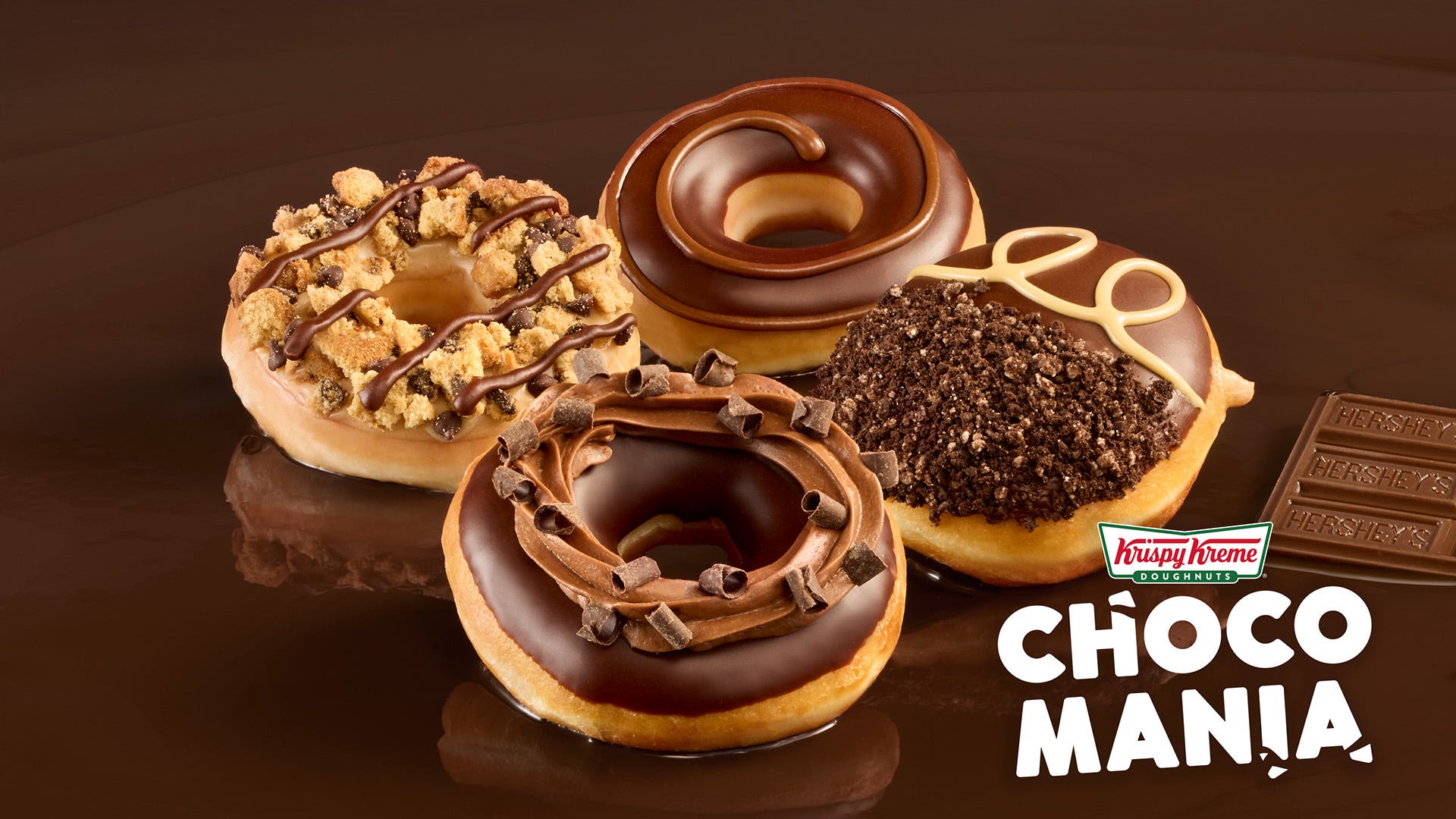 Krispy Kreme, Chocomania, Hershey's, chocolate doughnuts, limited edition, new doughnuts, Dave Skena, St. Patrick's Day doughnuts, Krispy Kreme app, doughnut delivery, chocolate caramel cheesecake, chocolate chip cookie, chocolate buttercreme
