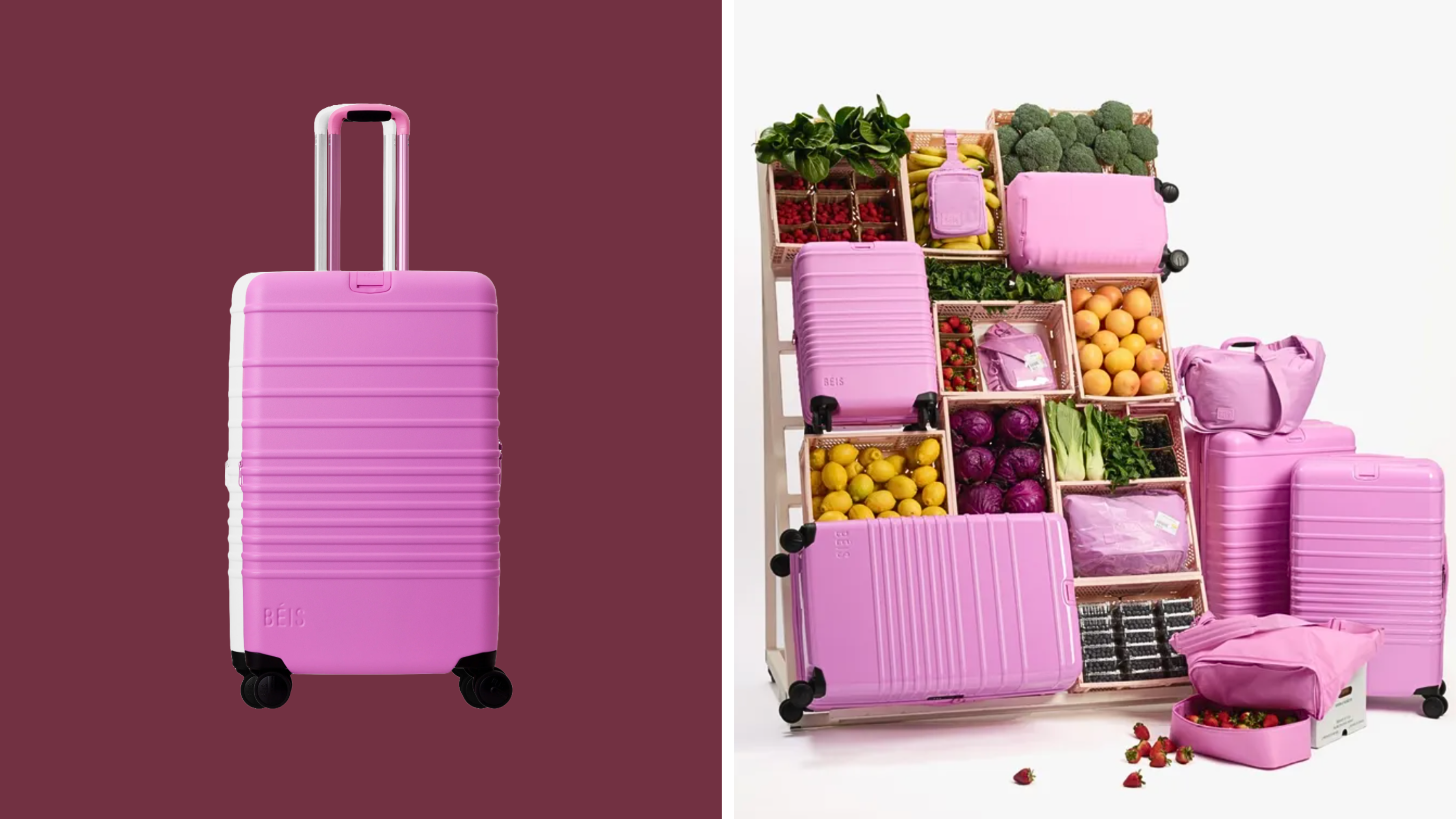 Béis, berry collection, luggage, travel accessories, spring break, Shay Mitchell, weekender bag, carry-on roller, travel backpack, Crescent Weekender Bag, Carry-On, Sport Sling, Crescent Catchall bag, roller suitcases, travel, pink luggage, best-selling, diaper bag
