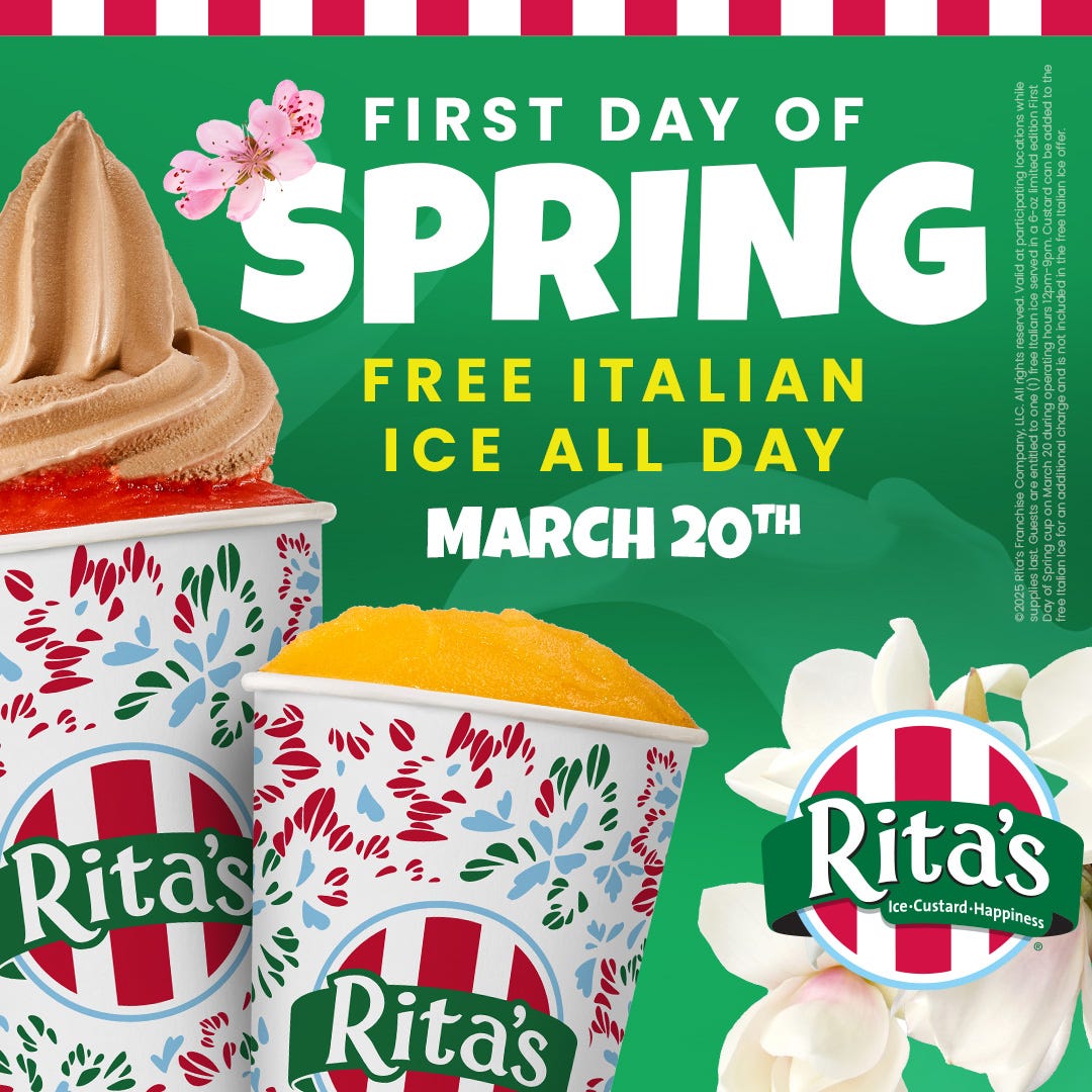 First Day of Spring, Vernal Equinox, Spring Deals, Free Italian Ice, Ritas Italian Ice, Dairy Queen, Free Cone Day, Dunkin Refreshers, Baskin-Robbins, Smoothies, Milkshakes, Mangonada, Jamba, Iced Beverages, March 20, FDOS25, Childrens Miracle Network Hospitals
