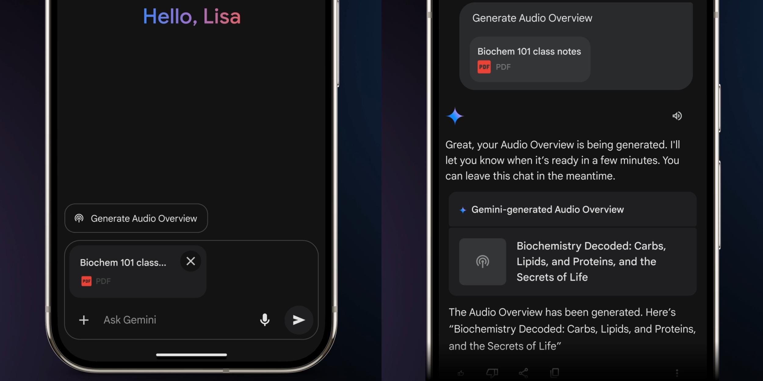 Gemini app, Audio Overview, podcasts, AI, Android, iOS, Google, Deep Research, document summarization, slideshow summarization, audio player, Chrome, AI hosts, Gemini Advanced, audio generation, mobile, AI conversation, file-based audio, Chat history
