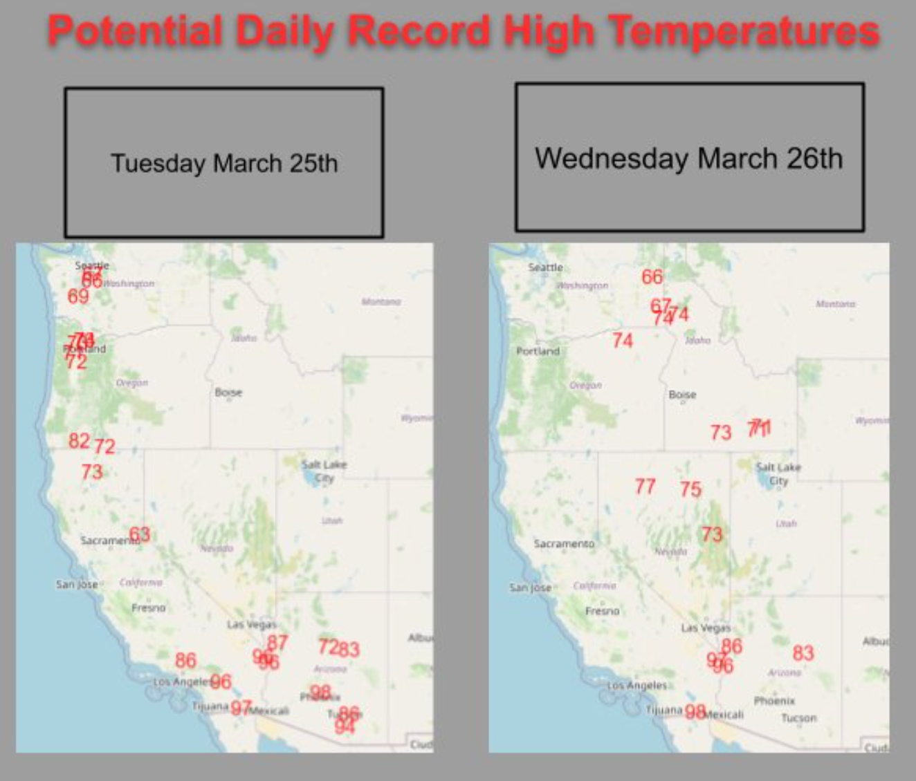 Weather, heat wave, West, temperature records, National Weather Service, Phoenix, Arizona, Los Angeles, California, Ventura County, NOAA, red flag warnings, wildfires, drought, Southern Plains, high temperatures, unseasonably warm, heat-related illness, forecast, above-average temperatures, March weather, April weather, May weather, June weather, Texas, New Mexico, Colorado, Kansas, Nebraska, South Dakota, Georgia, Carolinas, Oklahoma, wildfires, Doyle Rice, USA TODAY
