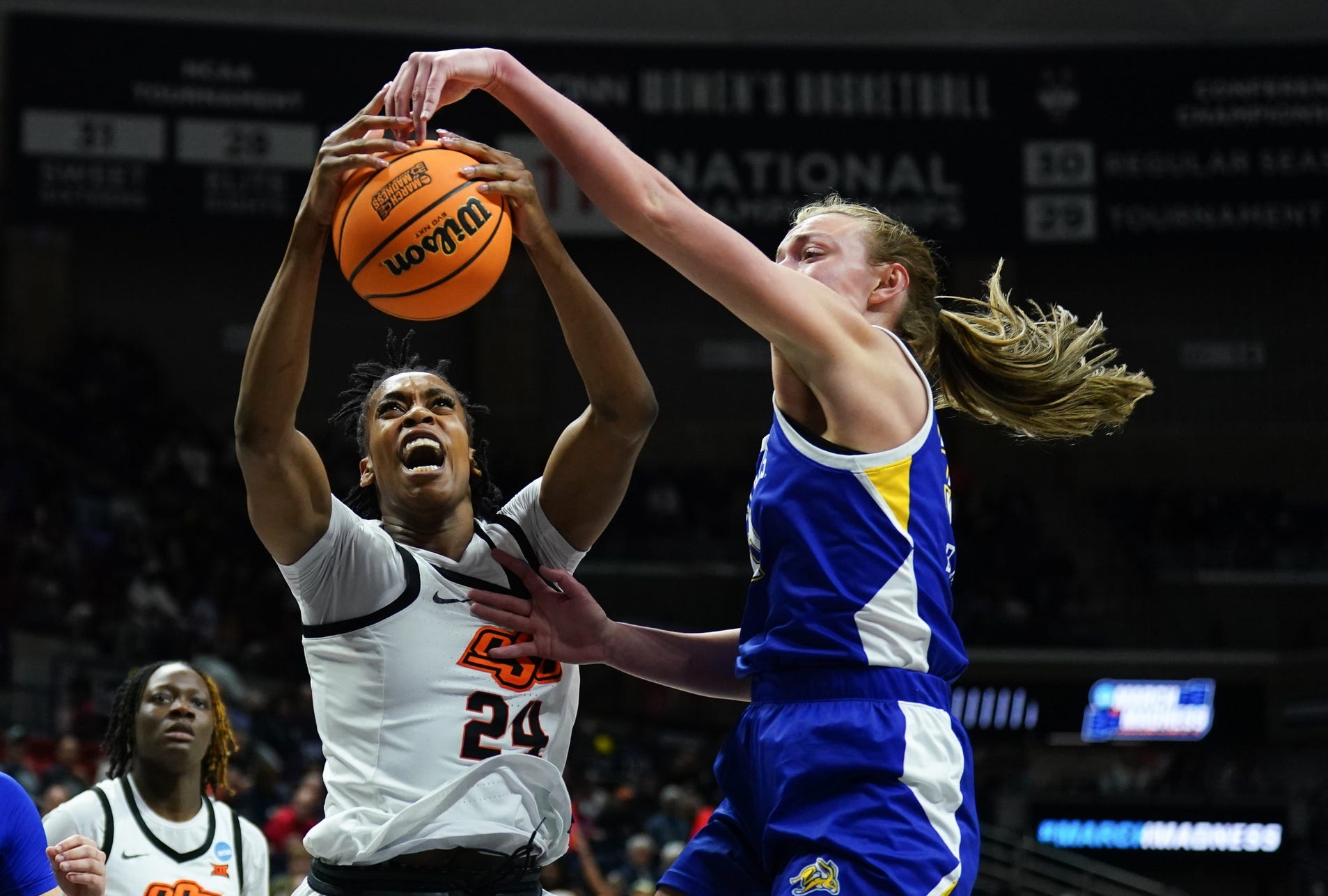 South Dakota State, Jackrabbits, NCAA Tournament, Womens March Madness, Oklahoma State, UConn, basketball, Brooklyn Meyer, Madison Mathiowetz, Geno Auriemma, Aaron Johnston, upset, first round, Storrs Regional
