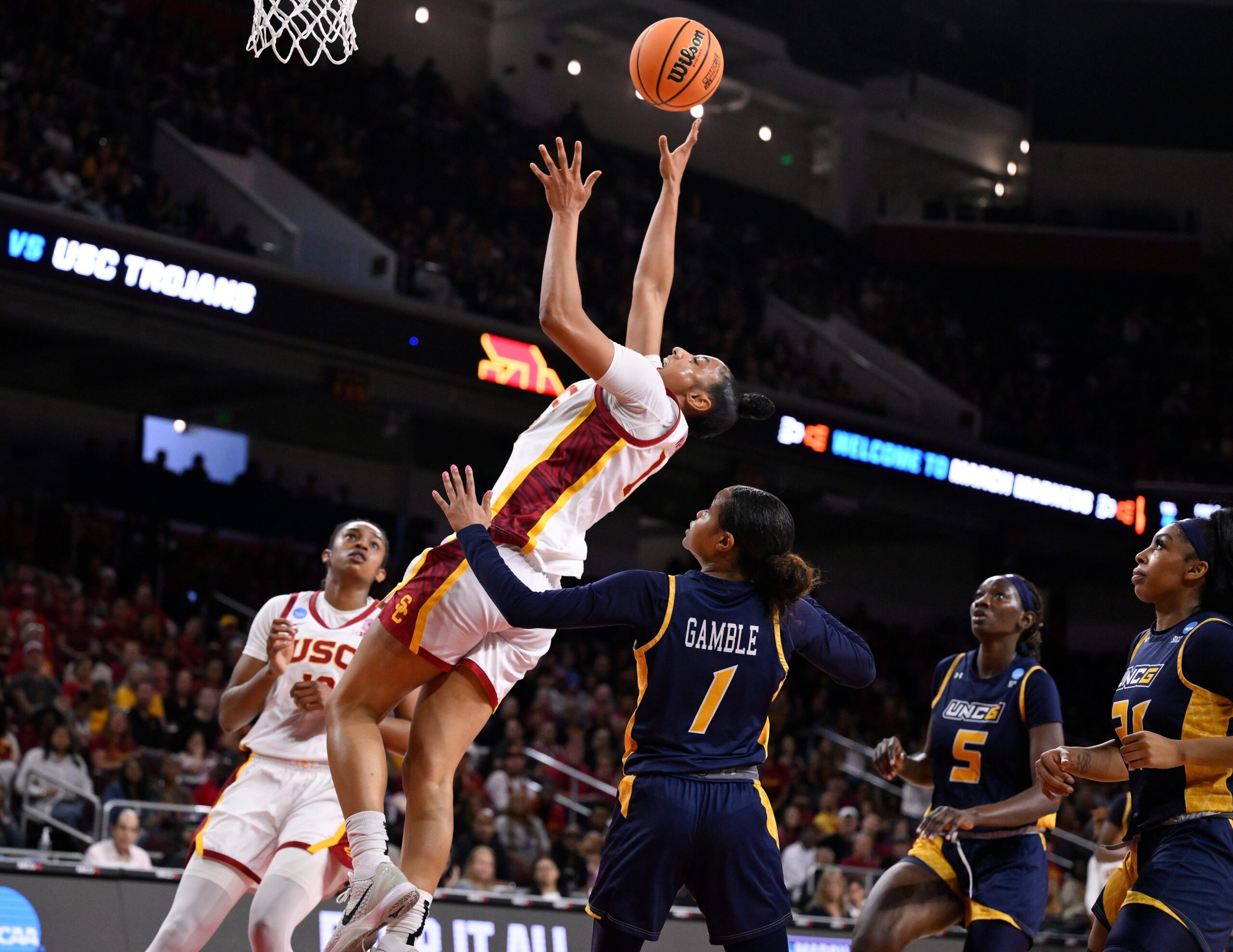 JuJu Watkins, USC Trojans, NCAA Tournament, women's basketball, UNC Greensboro, injury, ankle, defense, Lindsay Gottlieb, Rayah Marshall, Galen Center, March Madness
