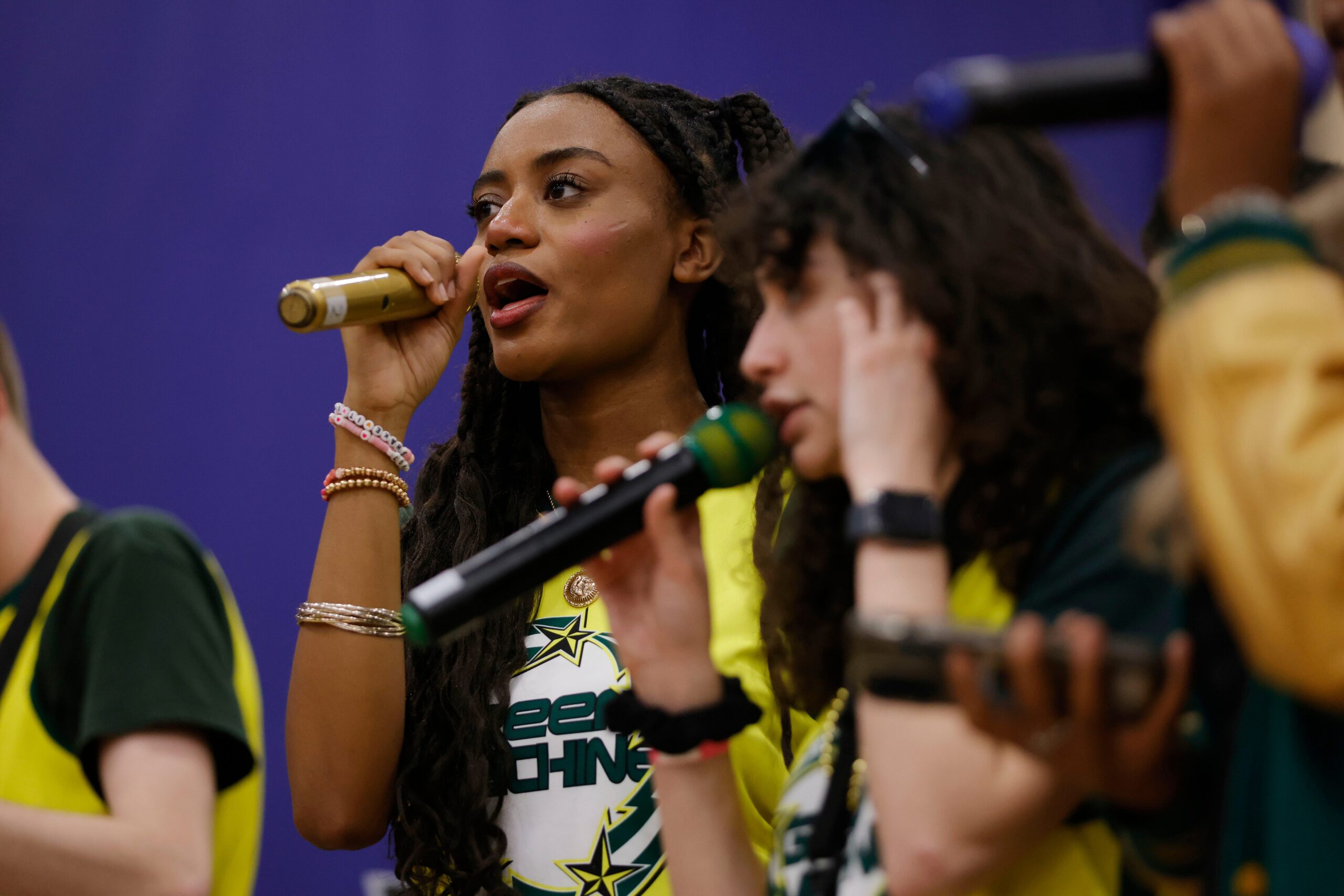 George Mason, Green Machine, pep band, NCAA Tournament, women's basketball, Baton Rouge, Florida State, vocals, music, college sports, student community, Bobby Lacy II, Grace Killius
