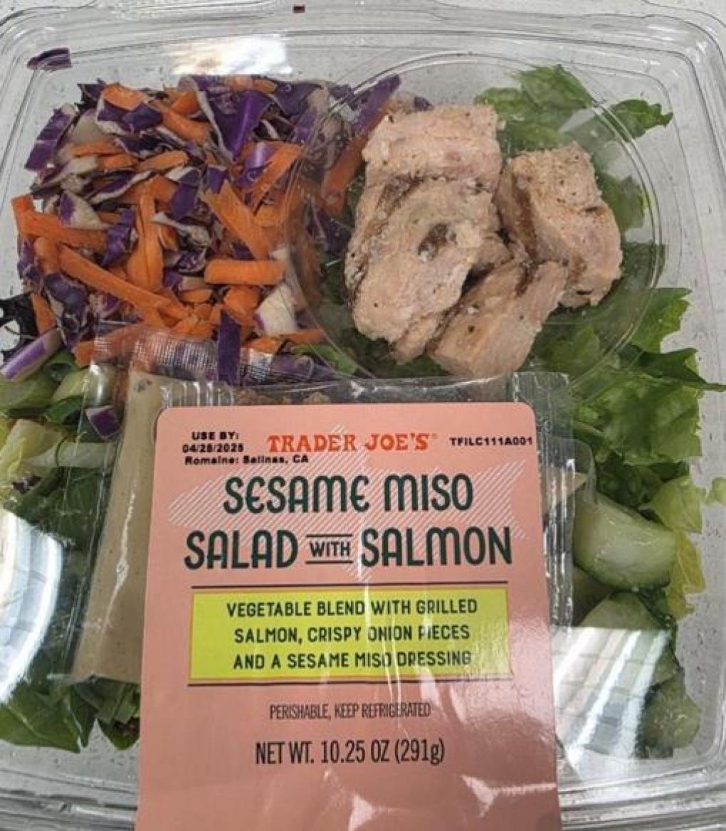 Trader Joe's, salad recall, Sesame Miso Salad with Salmon, milk allergen, Hot Honey Mustard Dressing, undeclared allergens, food recall, FDA, parmesan cheese, crispy onions, peanut, sesame, soy, wheat
