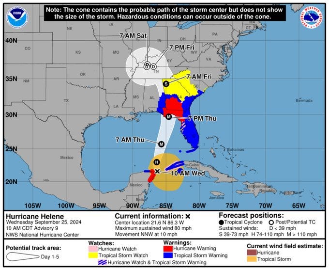 Hurricane season, National Hurricane Center, hurricane warnings, tropical storm warnings, hurricane risks, inland flooding, hurricane preparedness, weather maps, forecast graphics, cone graphic, storm damage, Hurricane Helene, tropical cyclones, wind risk, experimental graphic, Robbie Berg
