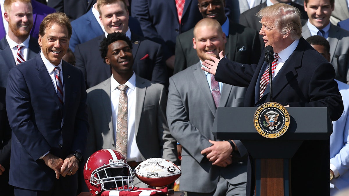 Nick Saban, Donald Trump, University of Alabama, Commencement, College Football, National Championship, Crimson Tide, Rashaan Evans, White House, Oval Office, Red Button, Funny Story, Sports
