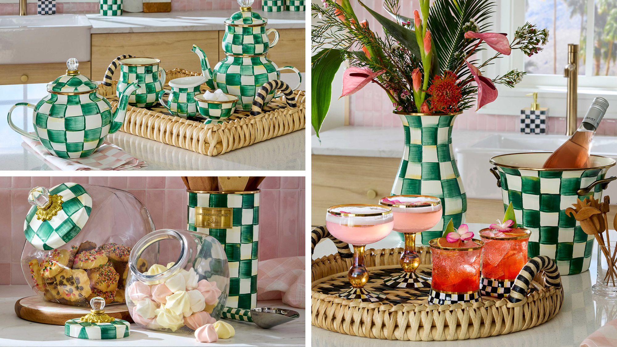 MacKenzie-Childs, Emerald Check, home decor, dinnerware, kitchen essentials, spring collection, hand-painted ceramic, gift ideas, Mothers Day gifts, checkered pattern, spoon rest, three tier sweet stand, large vase, Martha Stewart, home furnishings, HexClad, cookware sets, flower delivery, 1-800-Flowers, FTD
