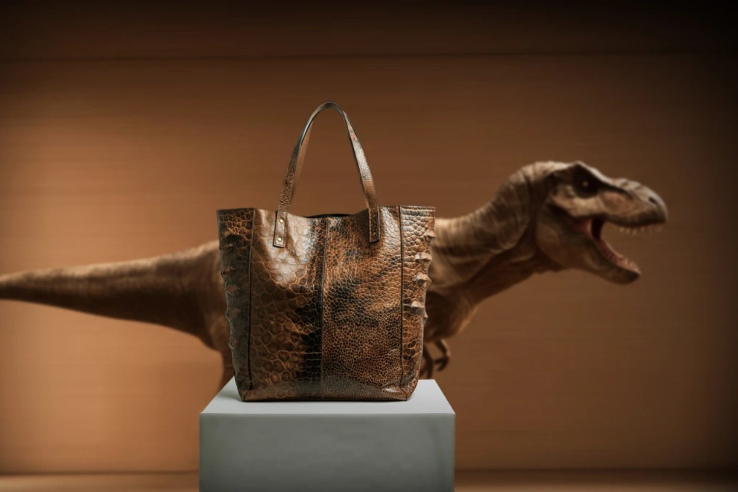 T. rex leather, lab-grown leather, dinosaur leather, bio-engineered leather, alternative leather, Lab-Grown Leather Ltd., The Organoid Company, VML, collagen, Tyrannosaurus rex DNA, extinct species, sustainability, ethical fashion, luxury materials, tissue engineering, biotechnology, synthetic biology, molecular paleontology

