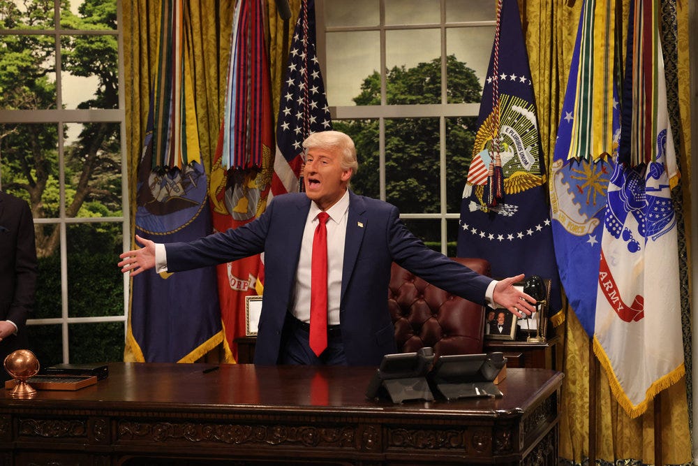 Saturday Night Live, SNL, Donald Trump, James Austin Johnson, Bill Belichick, Jordon Hudson, Quinta Brunson, Sabrina Carpenter, Dwyane Wade, Mikey Day, executive orders, comedy sketch, cold open, Season 49, Abbott Elementary, Harry Potter, J.K. Rowling, celebrity cameos, musical guest, Walton Goggins, Arcade Fire, Scarlett Johansson, Bad Bunny, Weekend Update
