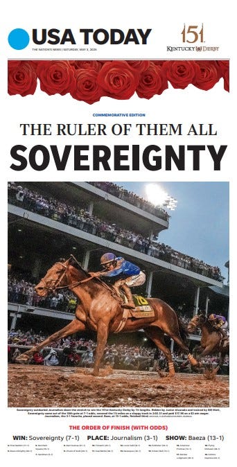 Kentucky Derby, Sovereignty, Horse Racing, USA TODAY, Page Print, Commemorative, Junior Alvarado, Bill Mott, Journalism, Baez, 151st Kentucky Derby, Horse Racing History, Sports Memorabilia, Gene Myers
