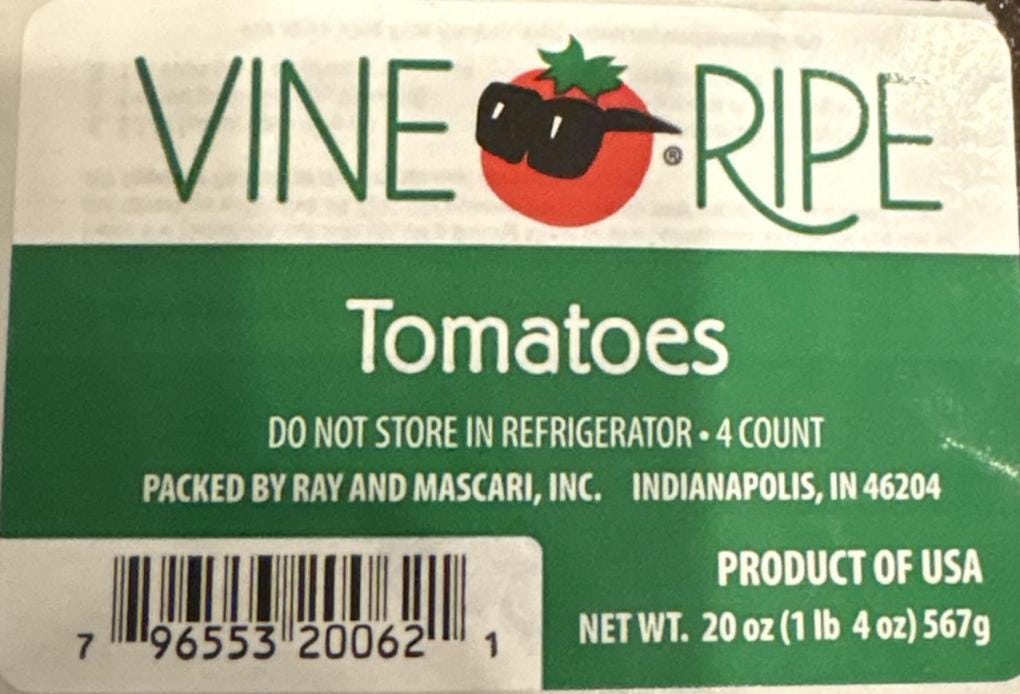 tomato recall, salmonella, Ray & Mascari Inc., Gordon Food Service, food safety, FDA, food recall, vine ripe tomatoes, Hanshaw & Capling Farms, Indianapolis, Indiana, Williams Farms Repack LLC, food poisoning, UPC 796553200621
