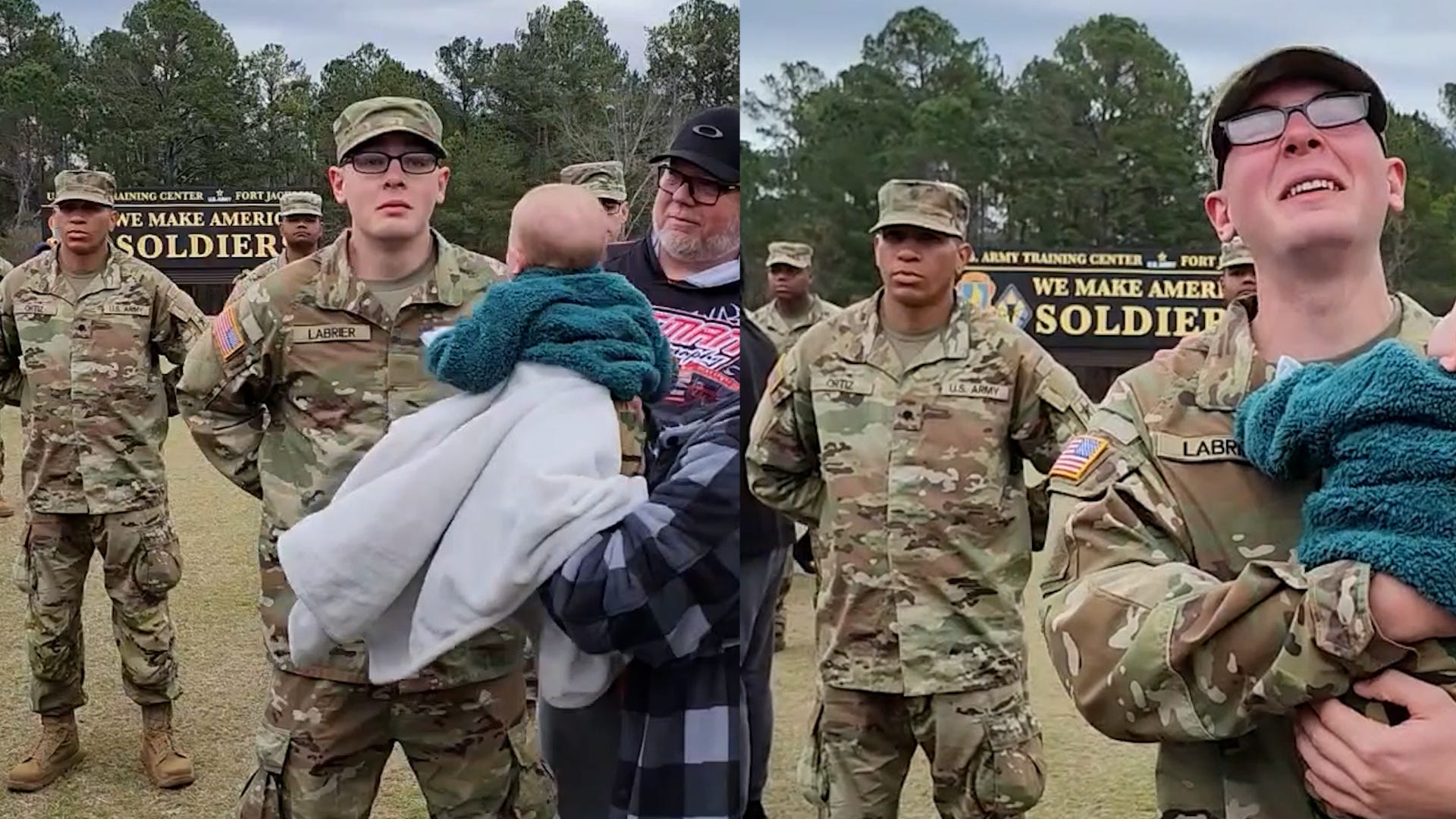 soldier reunion, graduation surprise, emotional reunion, father daughter, military family, heartwarming video, Fort Jackson, Cannon LaBrier, Stella LaBrier, boot camp, family day, Humankind, good news, uplifting video, inspiring video, cute video
