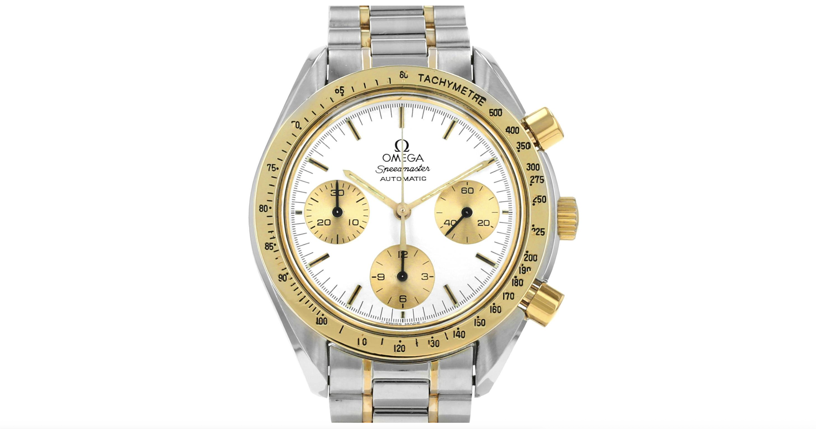 Omega Speedmaster, second hand watches, vintage watches, luxury watches, automatic chronograph, gold and steel watch, 1750033, Collector Square, watch review, watch price, buying guide, vintage Speedmaster, pre-owned watches, 1990s watches, watch collectors, men's watches, women's watches, bicolour watch
