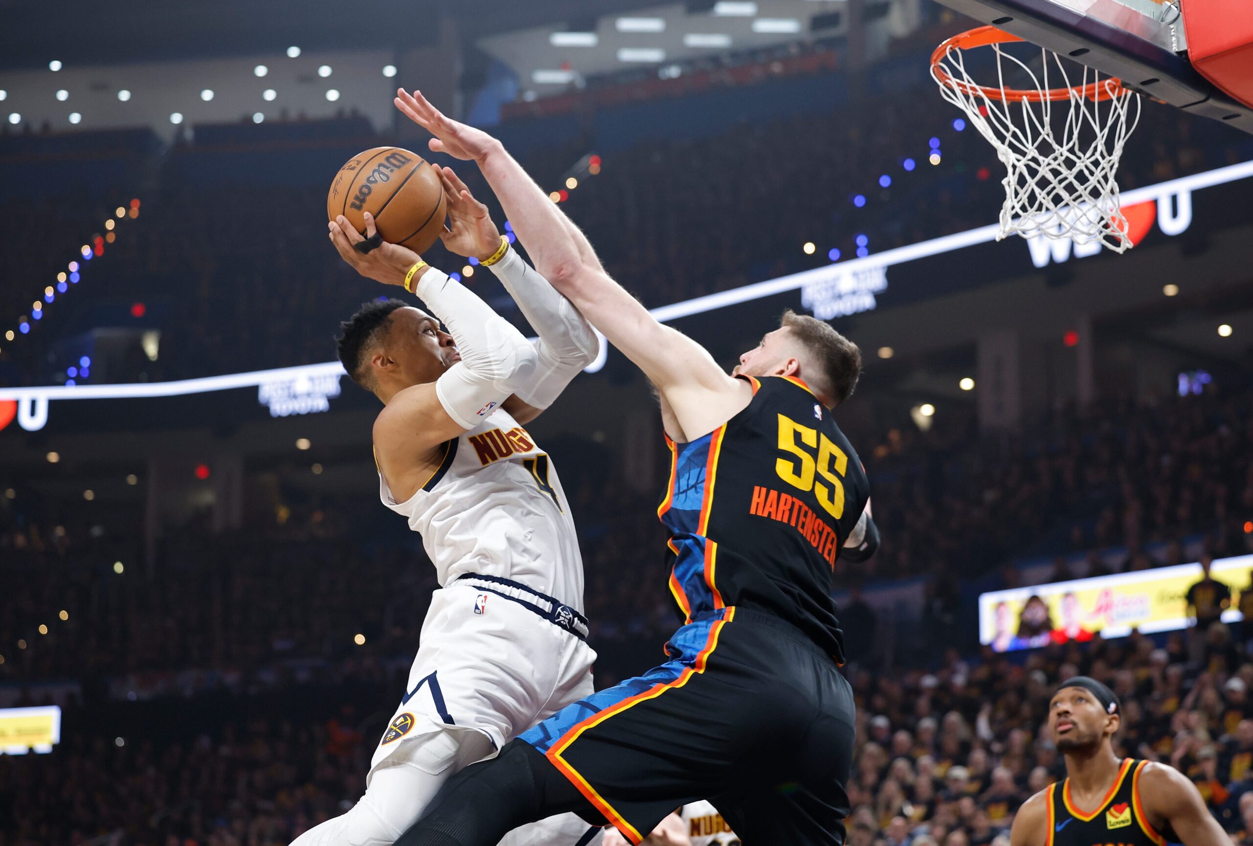 NBA playoffs, Denver Nuggets, Oklahoma City Thunder, Nikola Jokic, Aaron Gordon, Shai-Gilgeous Alexander, Game 1, Western Conference Semifinals, playoff upset, NBA analysis, basketball, sports, Chet Holmgren, playoff strategy, playoff minutes, Jamal Murray, Christian Braun, Russell Westbrook, Caruso, rest vs rust, free throws, game-winning shot
