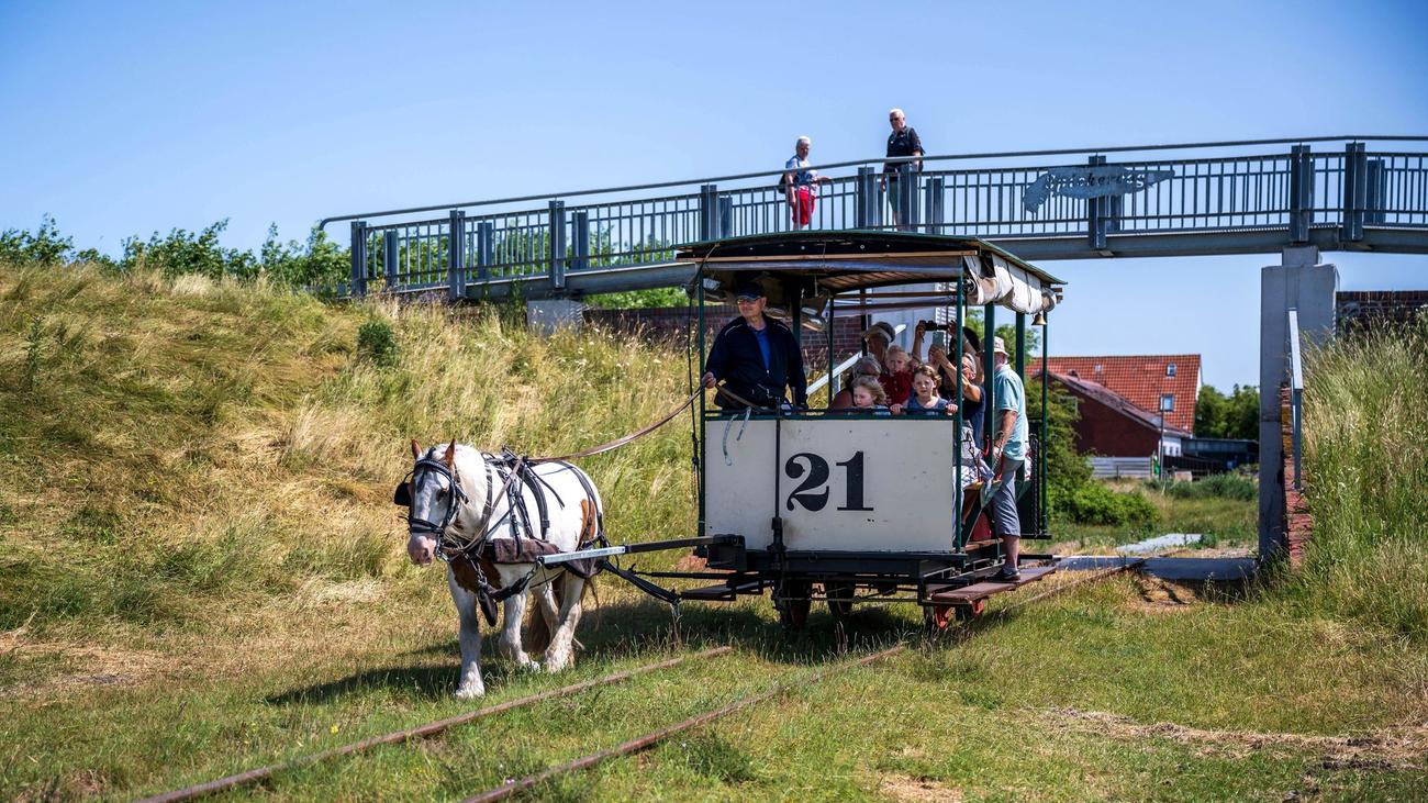 Spiekeroog, Pferdebahn, horse-drawn railway, Nordseebad Spiekeroog GmbH, Nationalpark Niedersächsisches Wattenmeer, Wattenmeer, Deicherhöhung, island railway, Spiekeroog railway, Rettungsschuppen, museum, seenotretter, North Sea, Germany
